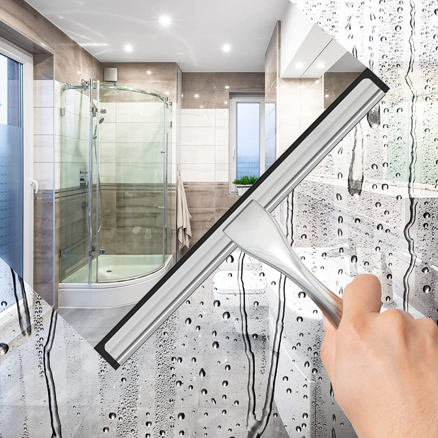 10in Stainless Steel Shower Squeegee for Glass Door Mirror Window w/ 2 Hooks