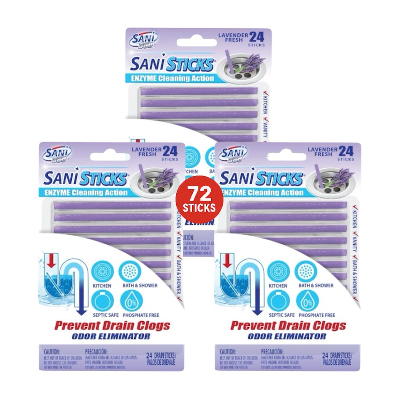 SANI 360° Sani Sticks Drain Cleaner and Deodorizer, Lavender Scent, 72 Count