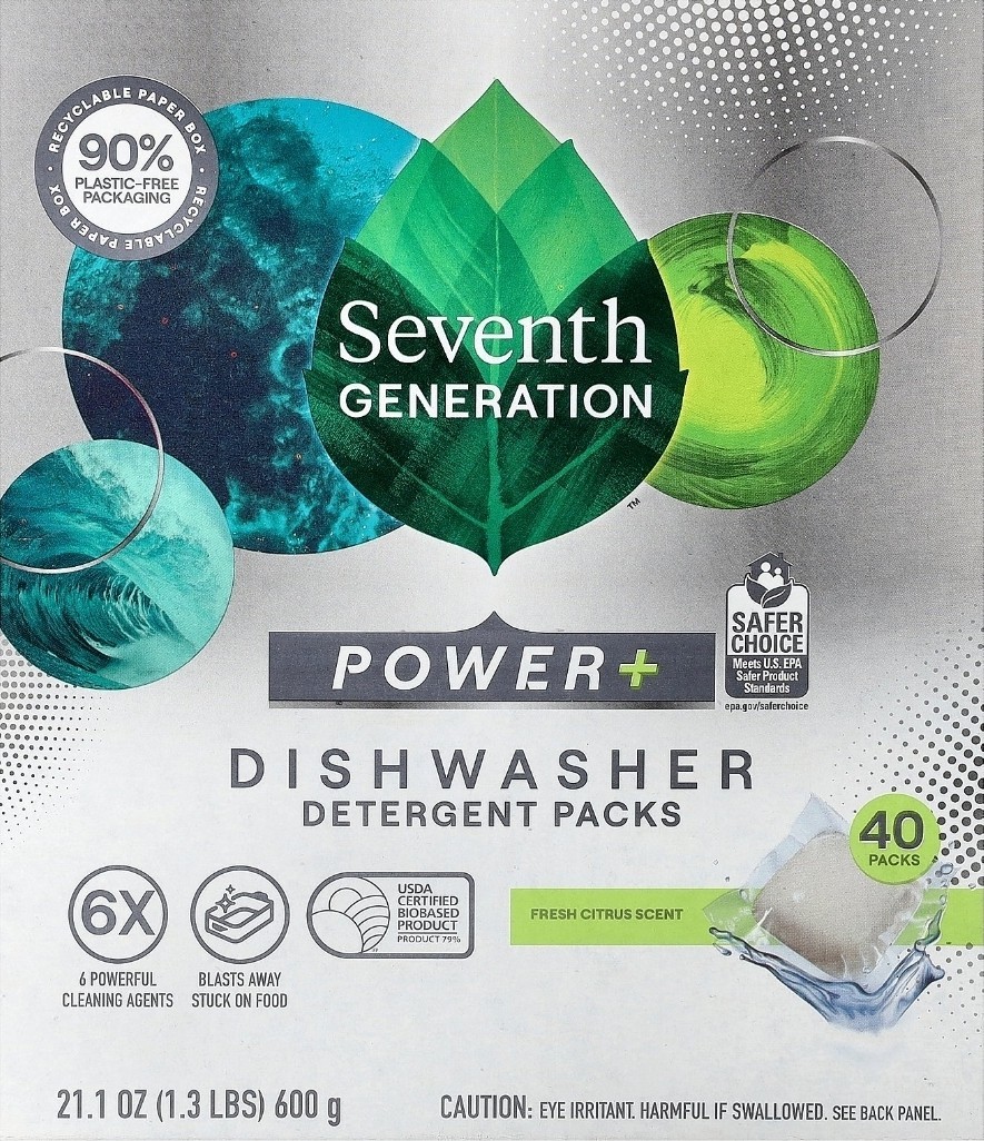 Seventh Generation Dishwasher Detergent Packs 40 Count Plant Based Clean Power