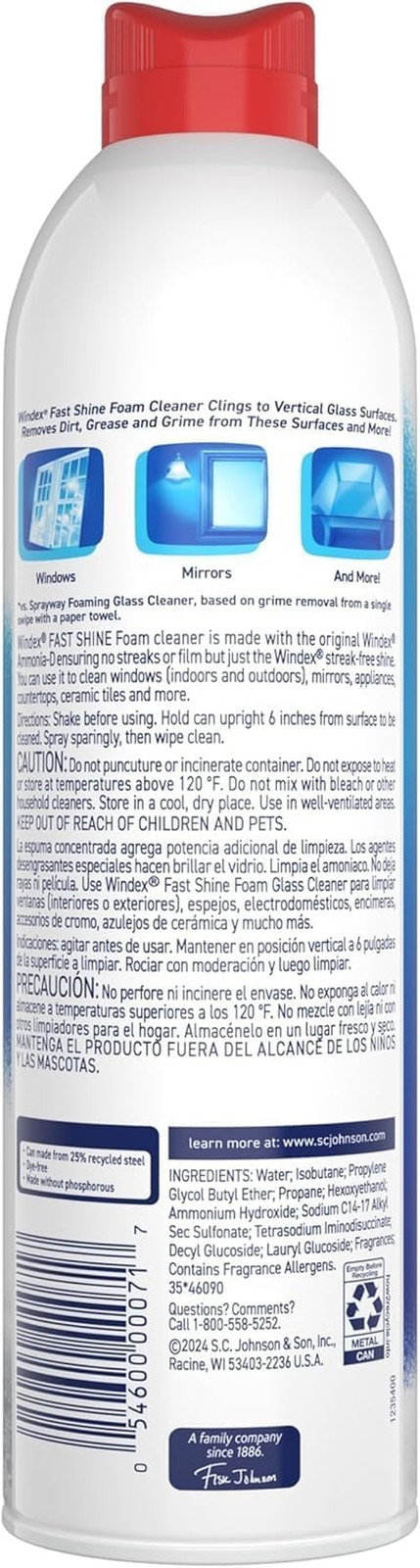 Windex Fast Shine Foam Glass Cleaner, No-Drip Windows, Doors, Mirrors & Countert