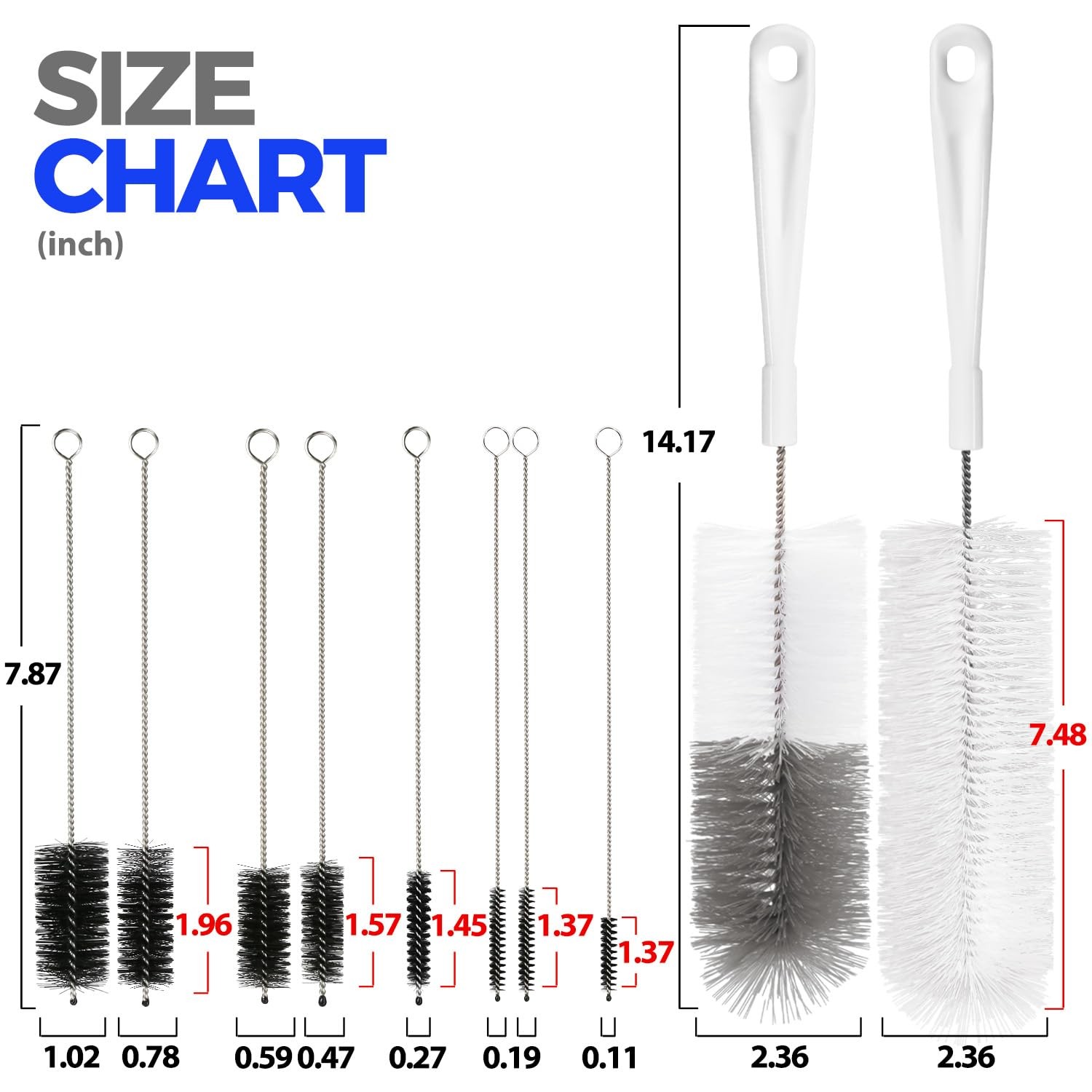 Bottle Cleaning Brushes 10 Pack, 15 Inch Flexible Handle, White Grey