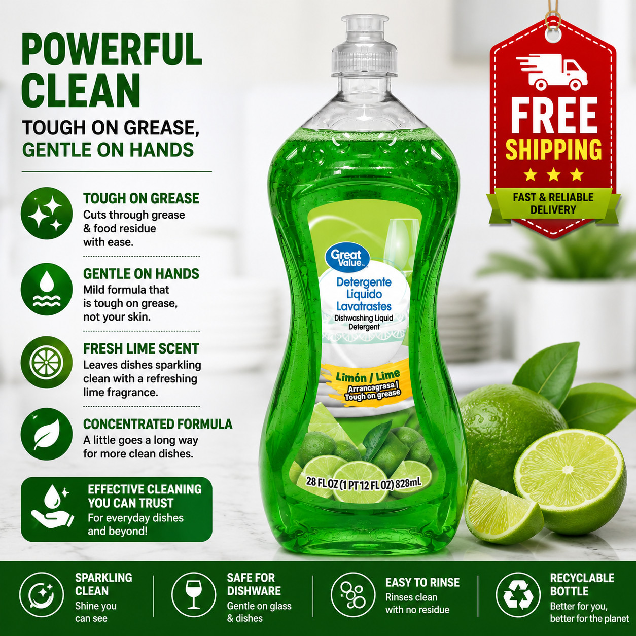 Great Value Dish Washing Liquid Detergent, Limon/Lime, 28 fl oz