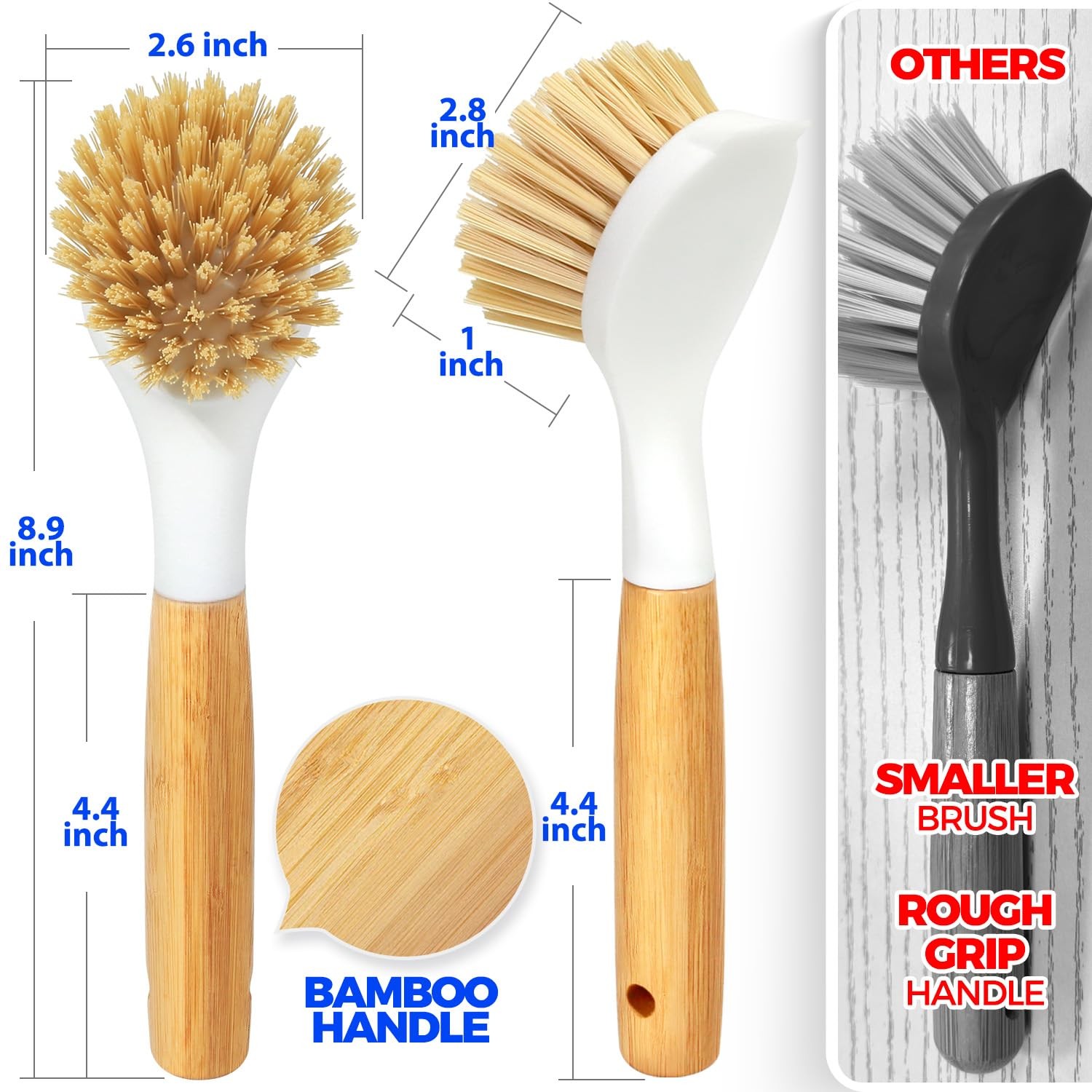 3 Pack Dish Brush Set with Bamboo Handle, Kitchen Brushes for Cleaning