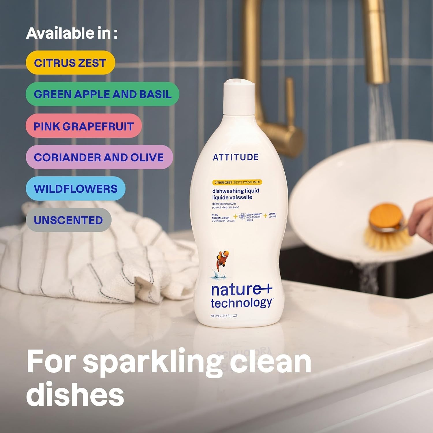 ATTITUDE Dish Soap, EWG Verified, Plant-Based & Vegan Dishwashing Liquid, Natura