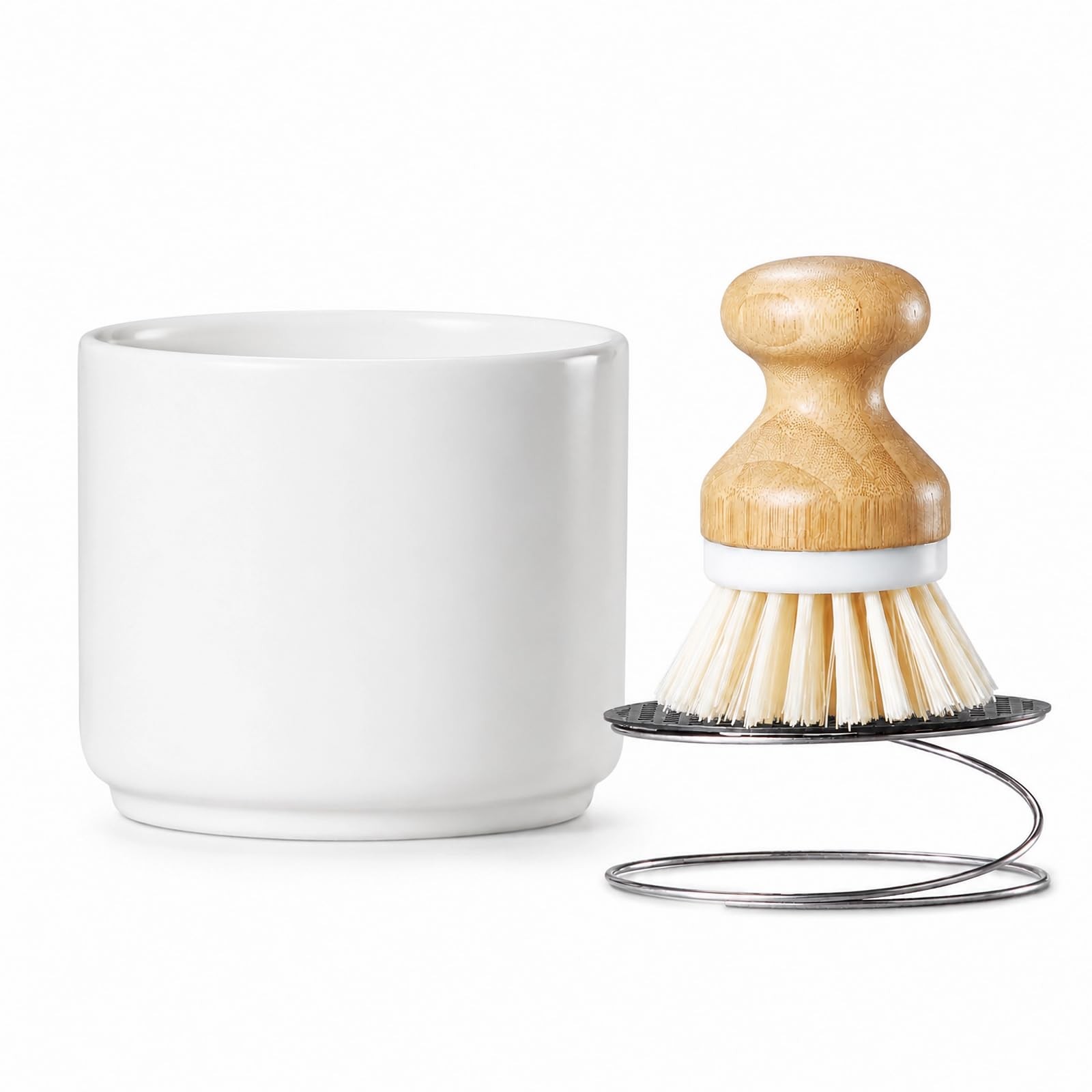 Bamboo Dish Brush with Ceramic Foaming Base, Kitchen Sink Scrub Brush Set wit…