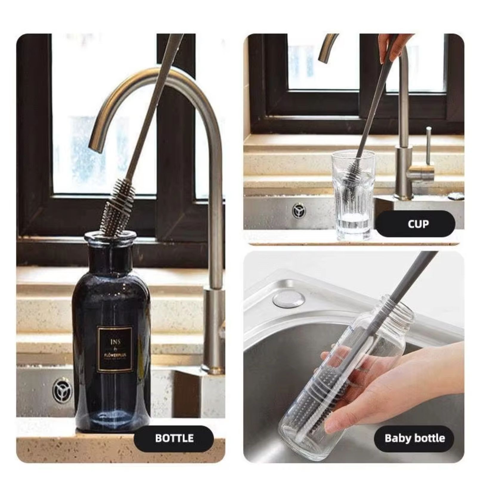1Pc Bottle Scrubbing Washing Brush Silicone Long Handle Cup Cleaning Brush Tool