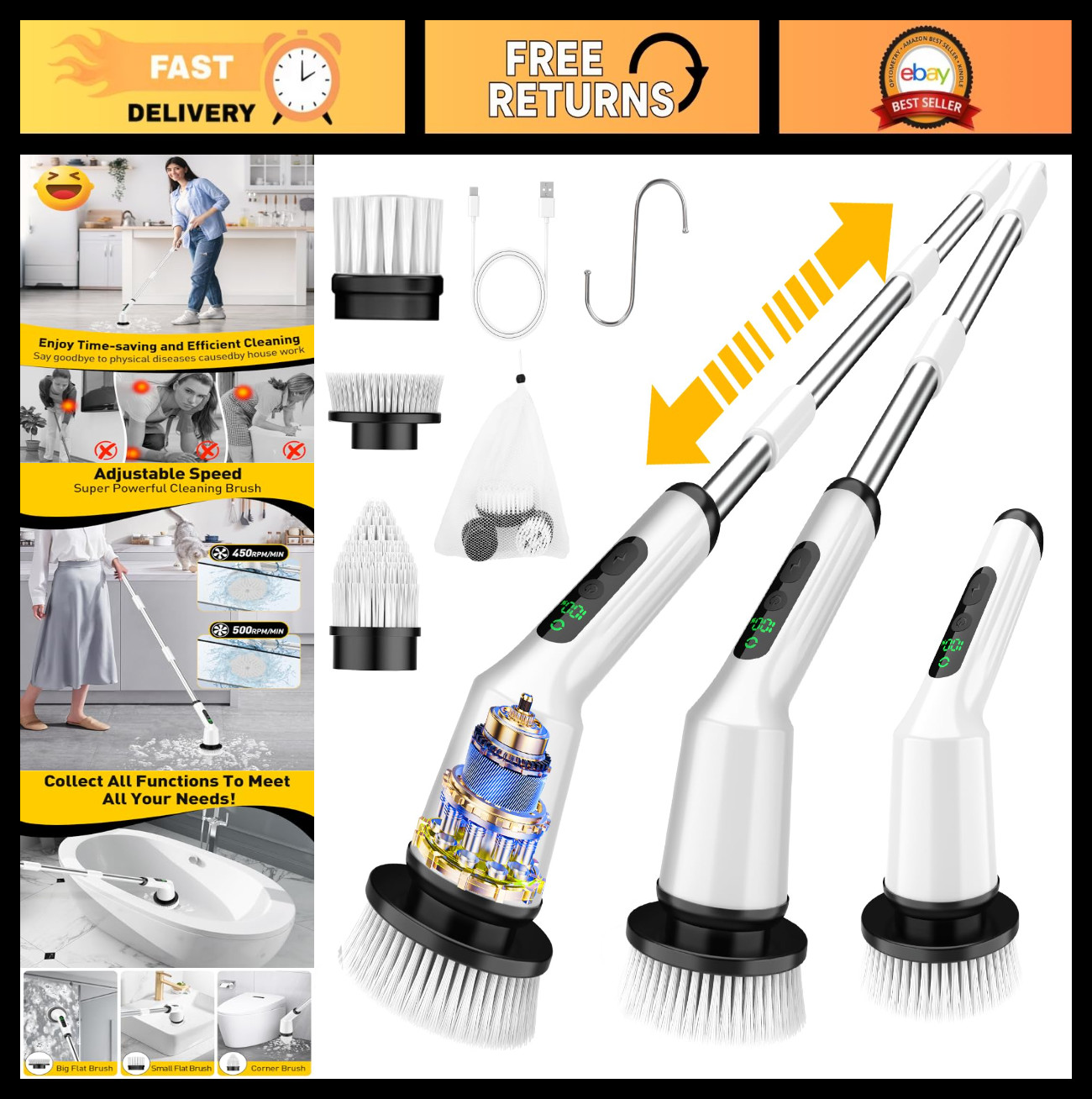 Electric Spin Shower Scrubber with Long Handle, Cordless & Waterproof, 2 Speed C