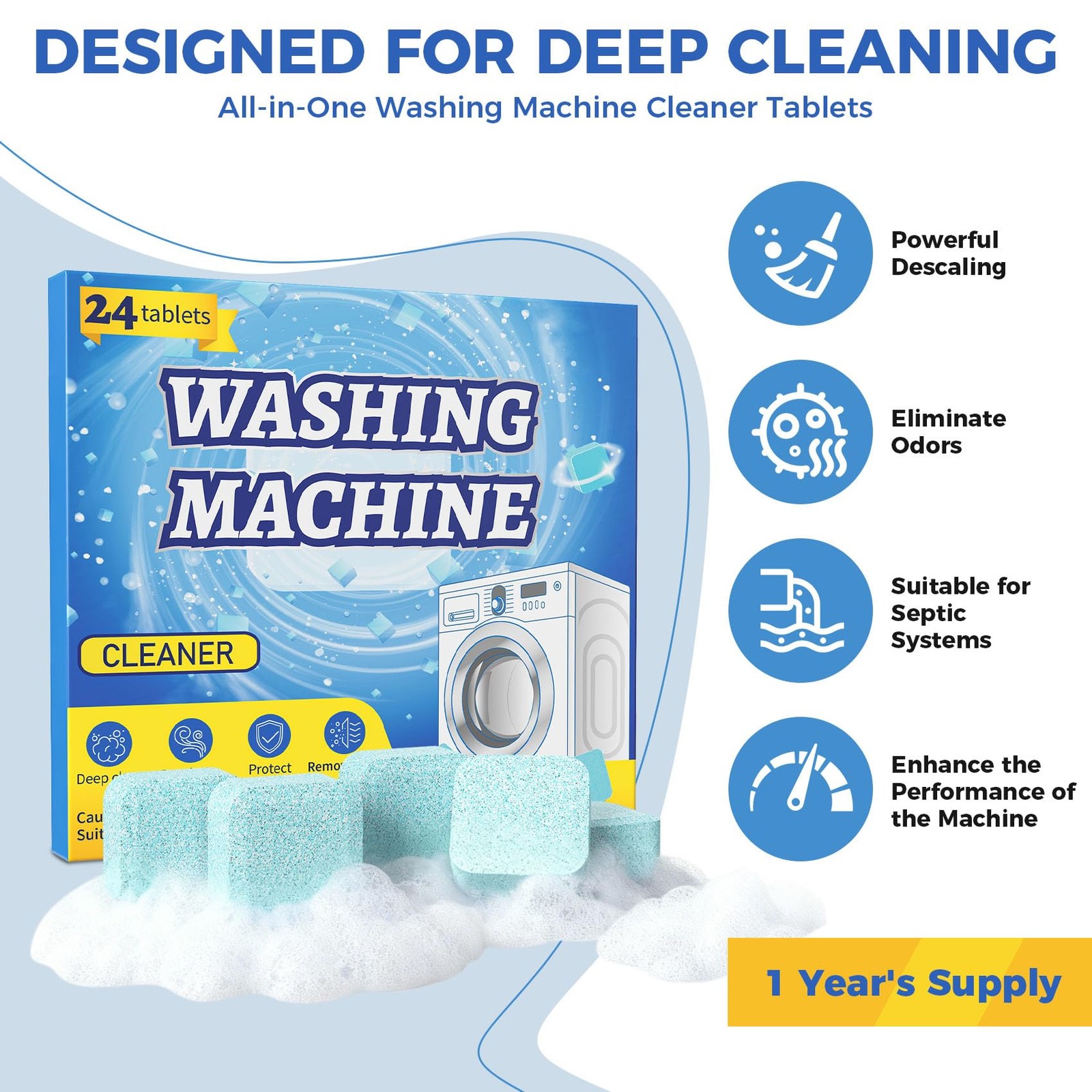 Pakimi Washing Machine Cleaner Tablets, 24 Pack, Deep Cleaning Descaler and Su