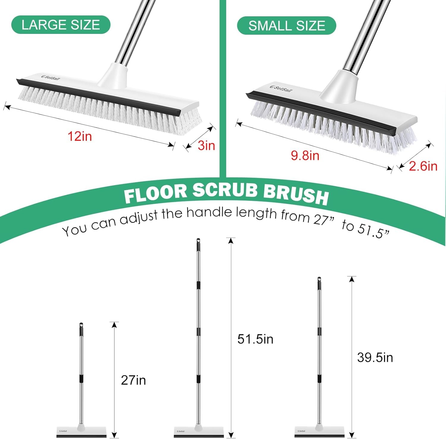 Large 12 in Wide Floor Scrub Brush with 51-Inch Long Adjustable Handle 2 in 1