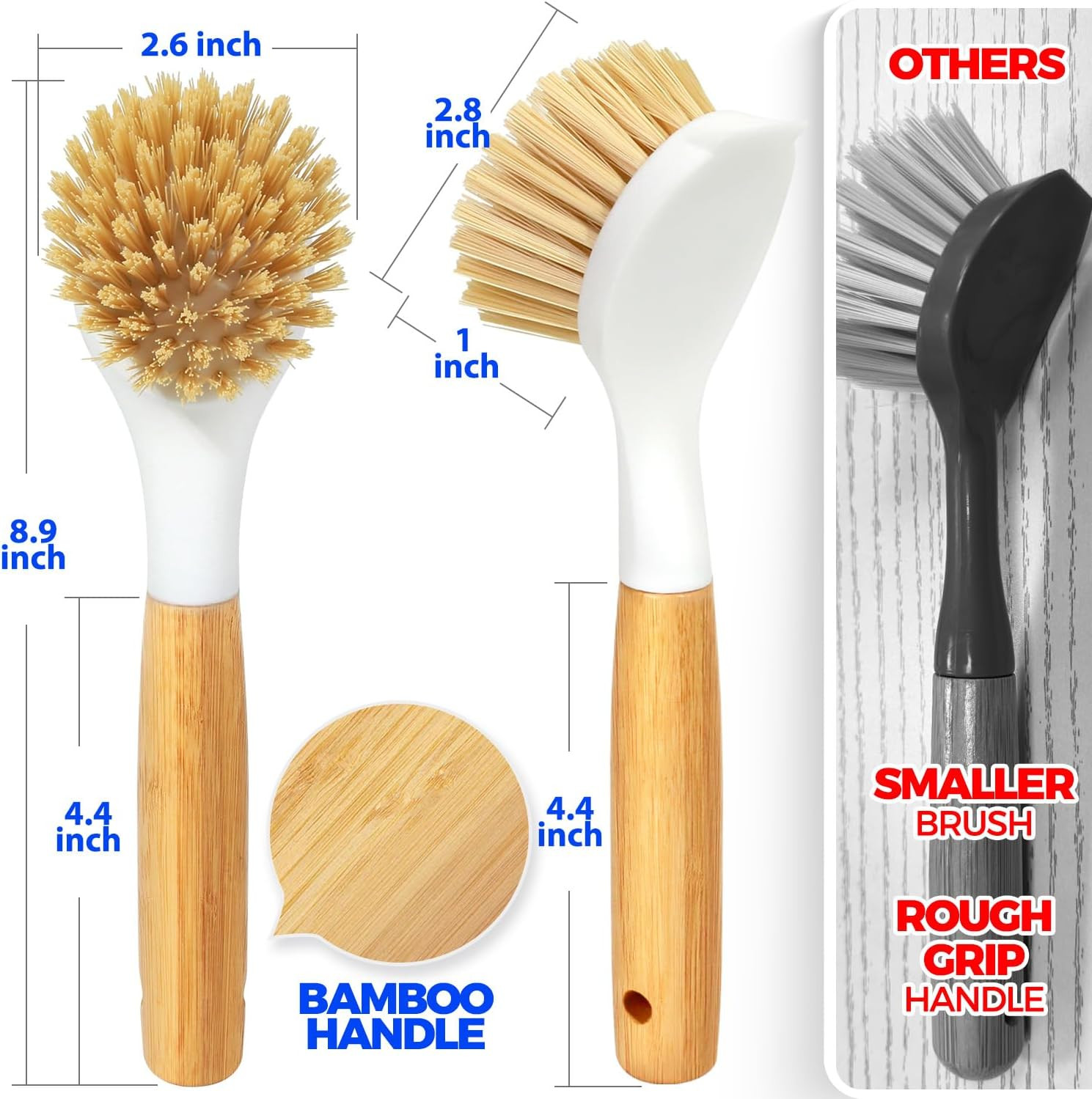 3 Pack Dish Brush Set with Bamboo Handle, Kitchen Brushes for Cleaning Pot, Sink