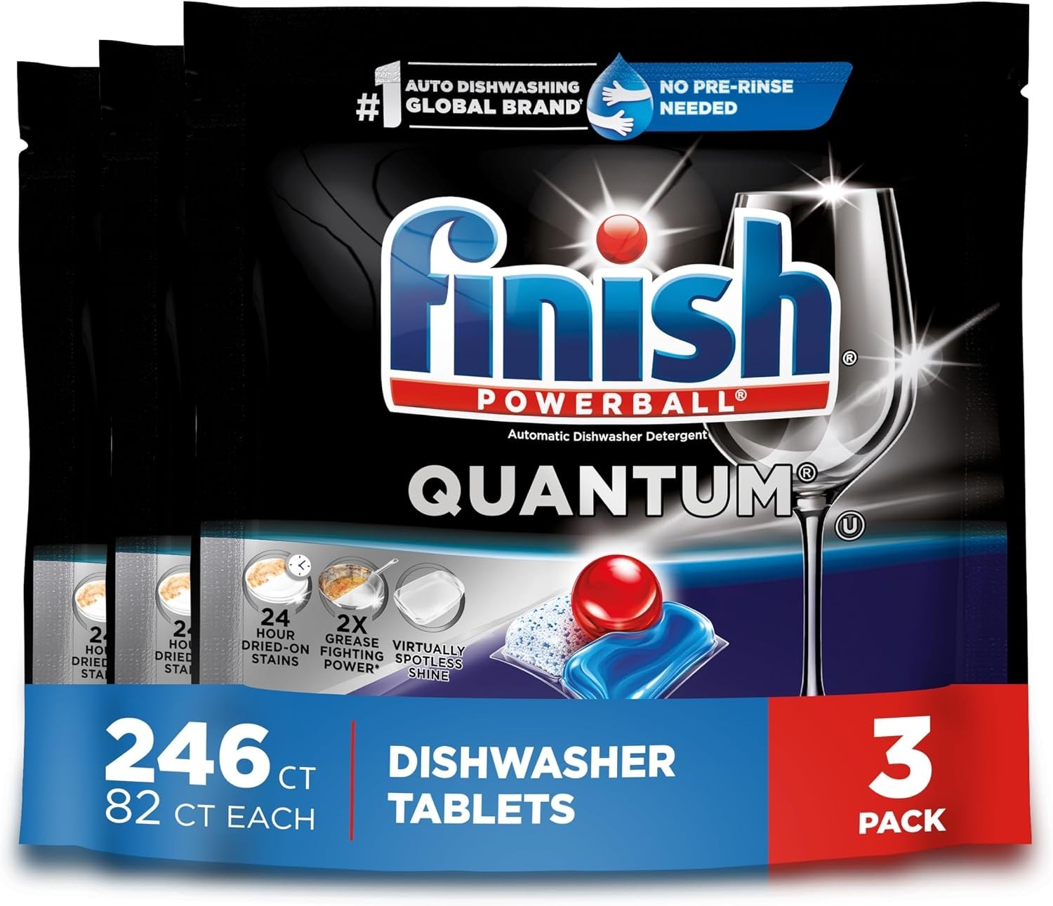 3 pack Finish Quantum Dishwaher Pods, No pre-rinse 82 ct each (246 ct total)