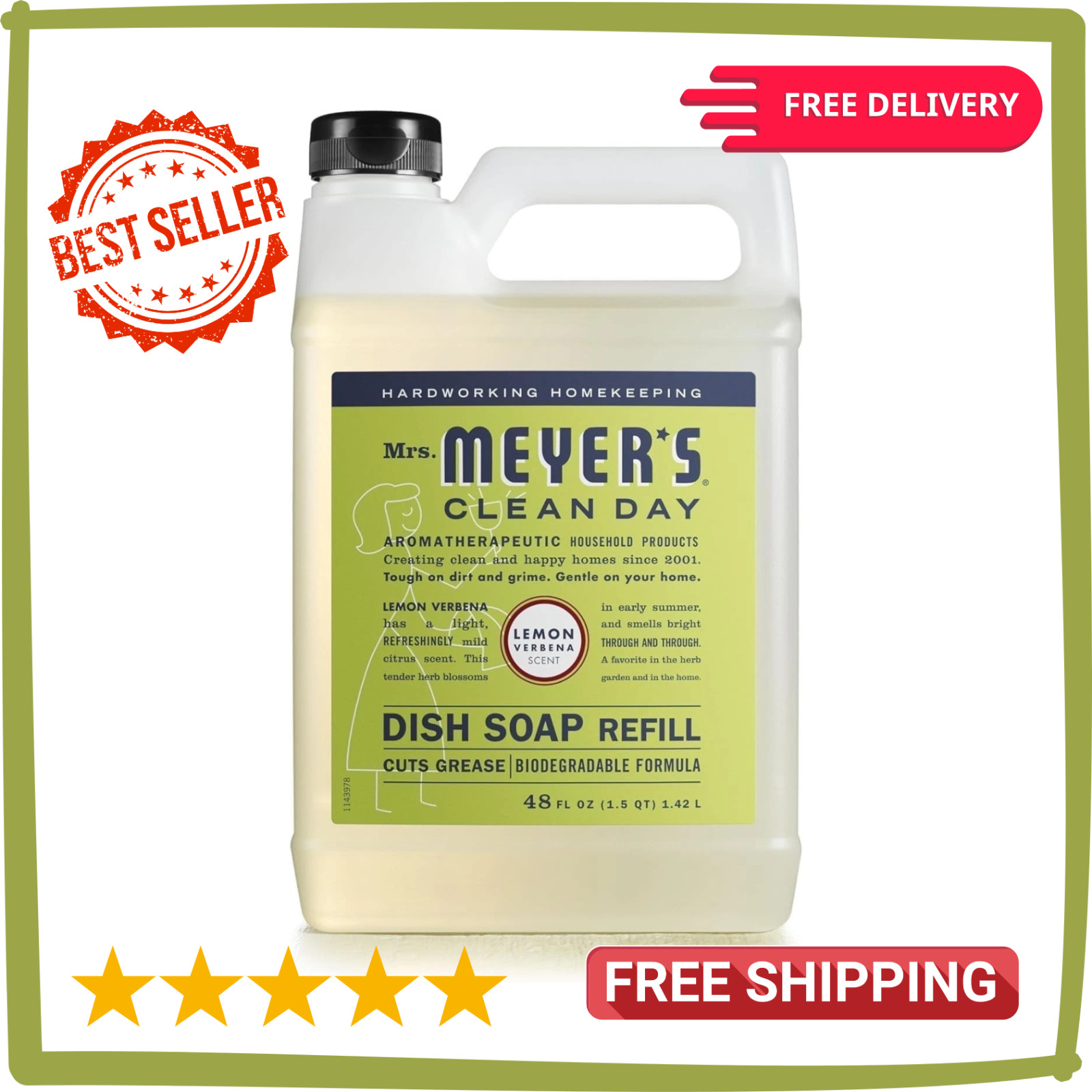 MRS. MEYER’S CLEAN DAY Liquid Dish Soap Refill, Lemon Verbena (48 Fl Oz (Pack of