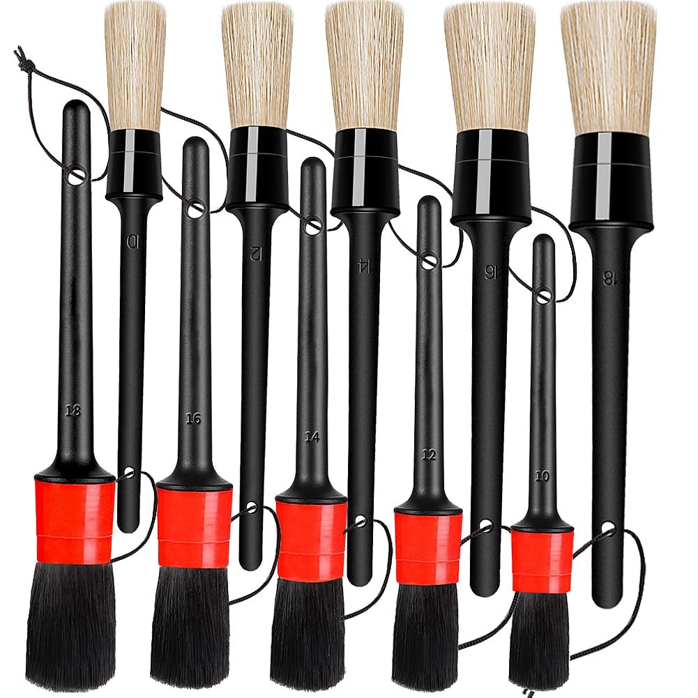10Pc Auto Detailing Brush Set Boar Hair for Car Interior & Exterior Cleaning