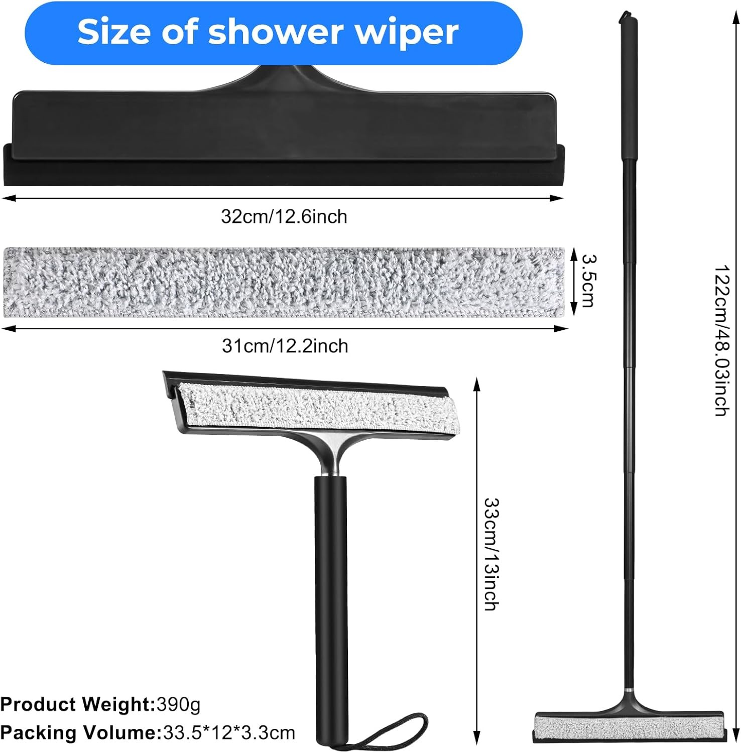 Shower Squeegee with Long Handle,Includes Replaceable and Washable Cloth Pads