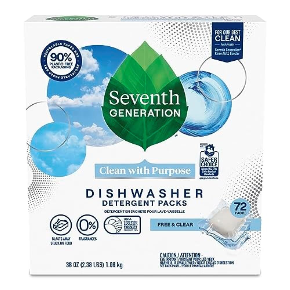 Seventh Generation Free Clear Dishwasher Detergent Packs 73 Count Sparkling C…