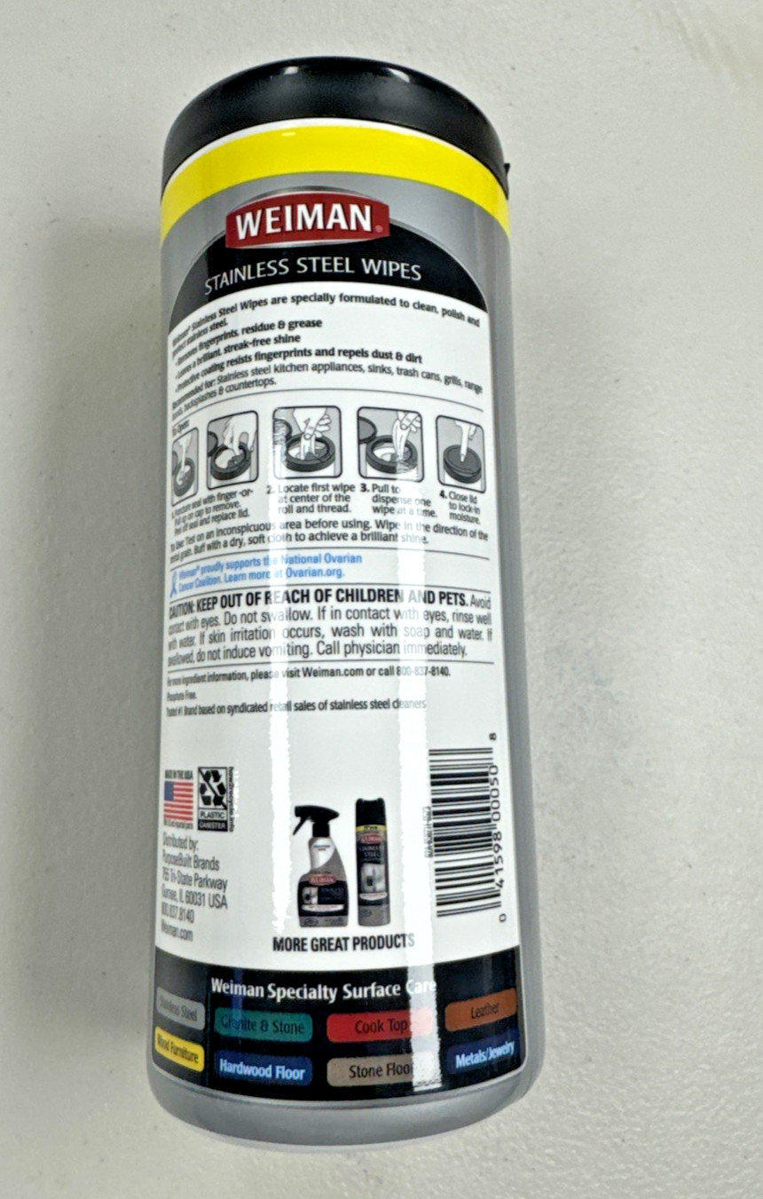 Weiman Stainless Steel Cleaning Wipes 30 Count Appliance Cleaner Streak Free