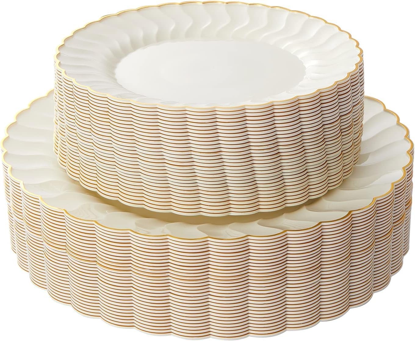 Lullaby 96PCS Ivory Scalloped Plastic Plates with Gold Rim, Disposable Elegant