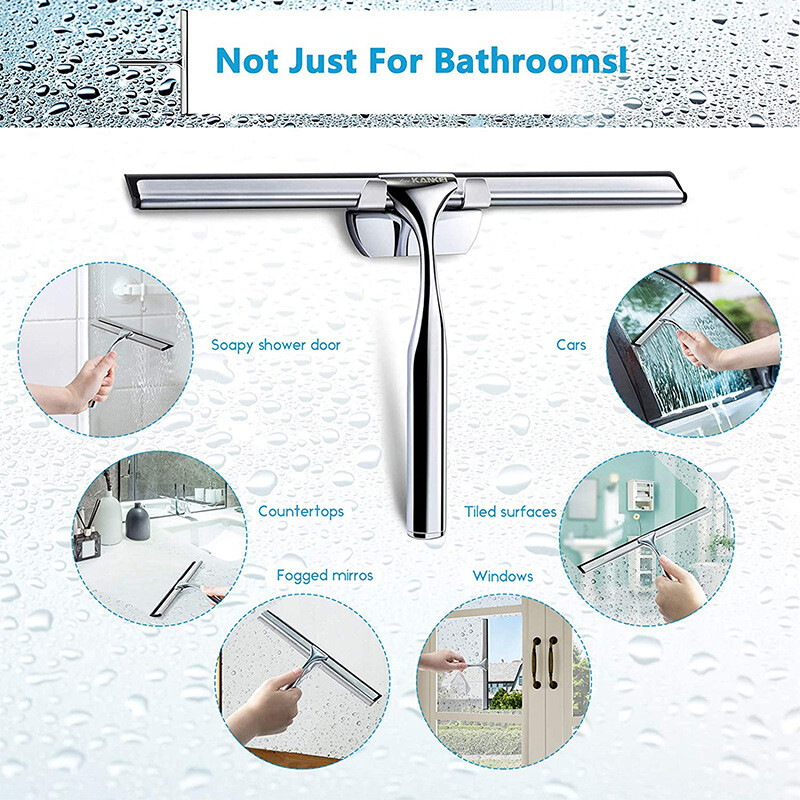 1Pc Stainless Steel Shower Squeegee for Car with 1 Adhesive Hook Silver Bathroom