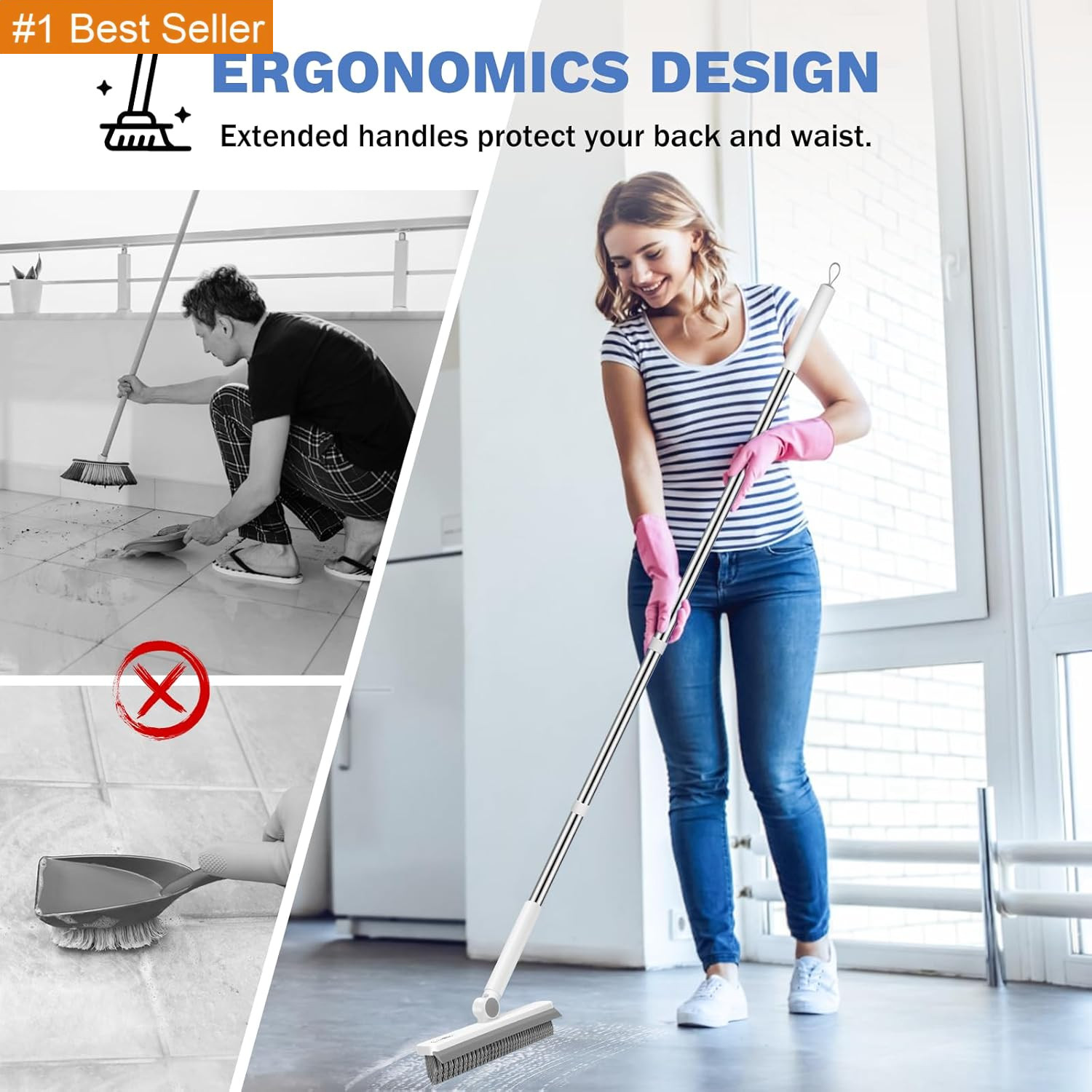 Grout Cleaner Brush with Long Handle, V-Shaped Floor Scrub Brush Swivel Grout Br
