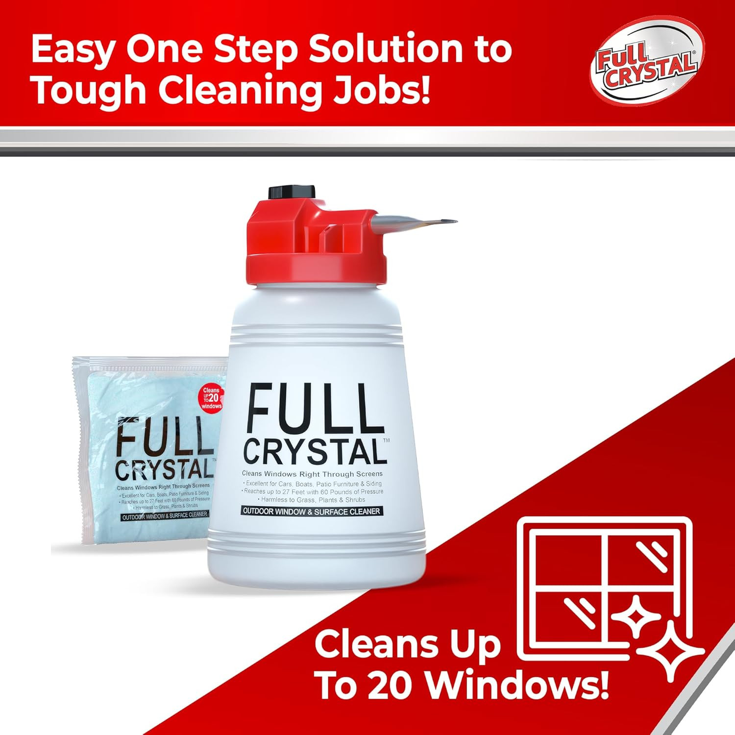 Full Crystal Window Cleaning Kit – 4 Oz Glass Cleaner and Bottle with 27 Ft Reac