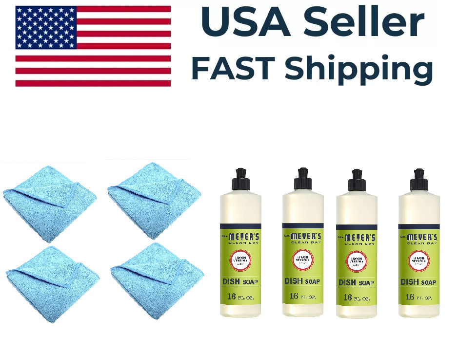 4 Pack – Mrs. Meyer’s Clean Day Dish Soap – Lemon Verbena + 2 Microfiber Cloth