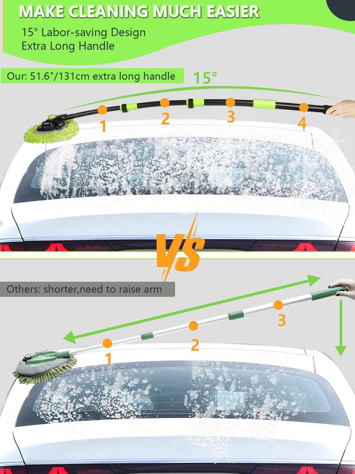 4 Sections Car Wash Brush with 15° Curved Aluminum Alloy Long Handle Telescop…