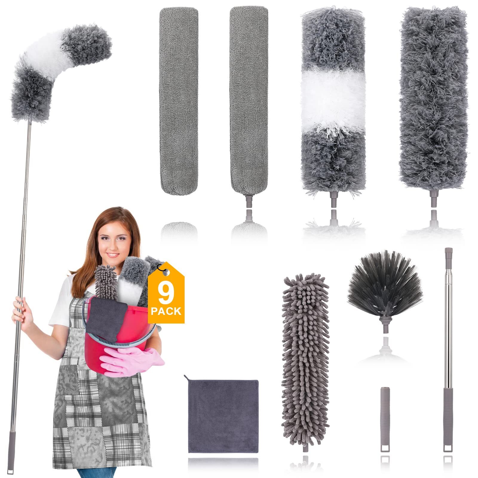 Microfiber Duster Extendable 30-100 Inches 9PCS Washable for High Cleaning