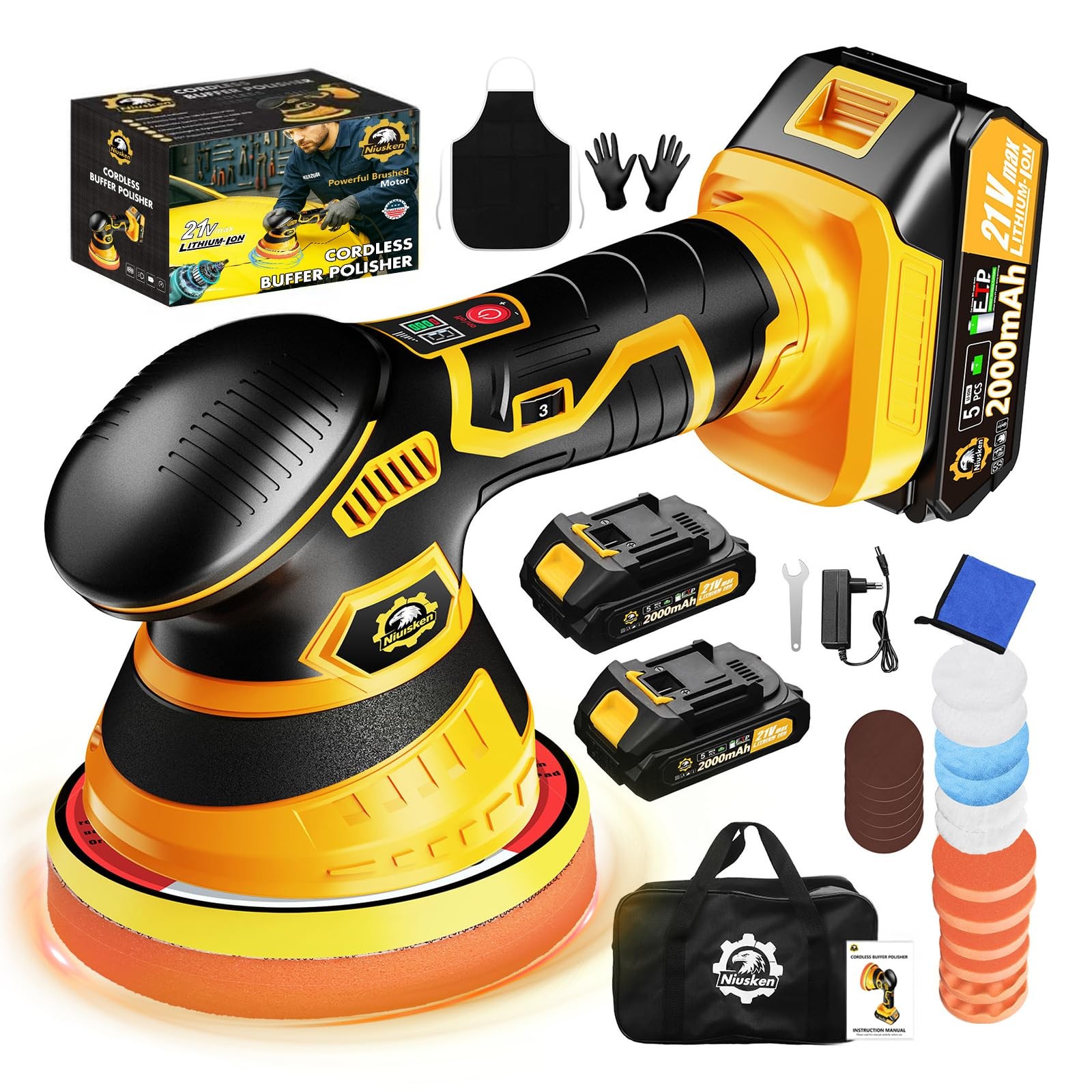 Niusken Cordless Car Buffer Polisher kit, DA Polisher with 2*21V Batteries