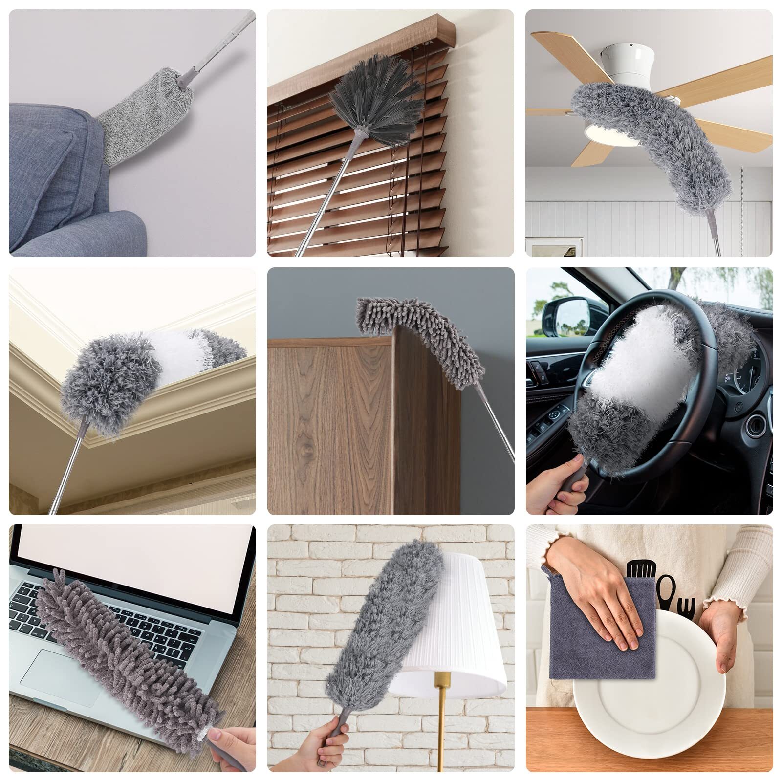 Microfiber Duster Extendable 30-100 Inches 9PCS Washable for High Cleaning