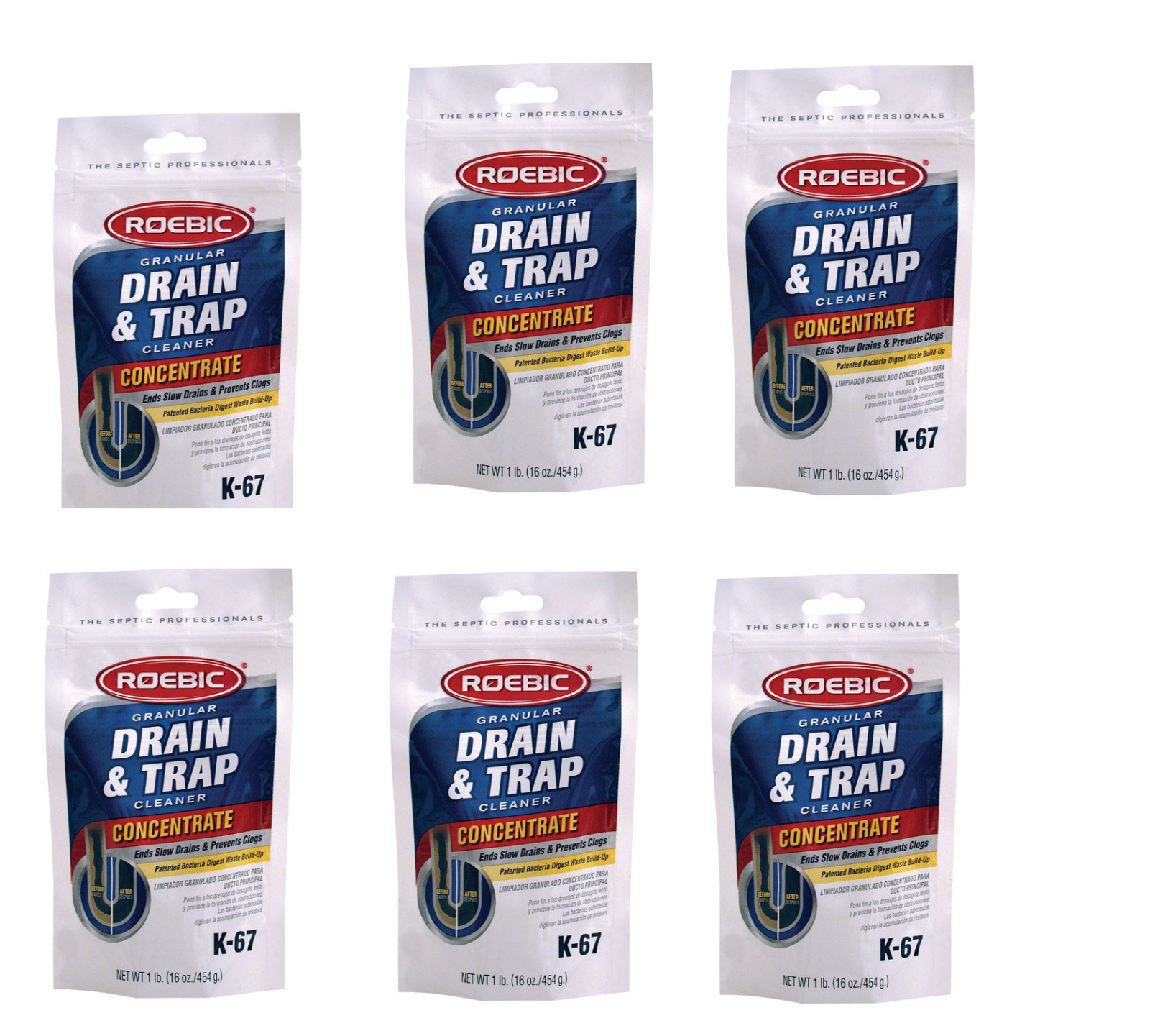 6 Pack Roebic K-67 Granular Drain & Trap Cleaner 1 lb.