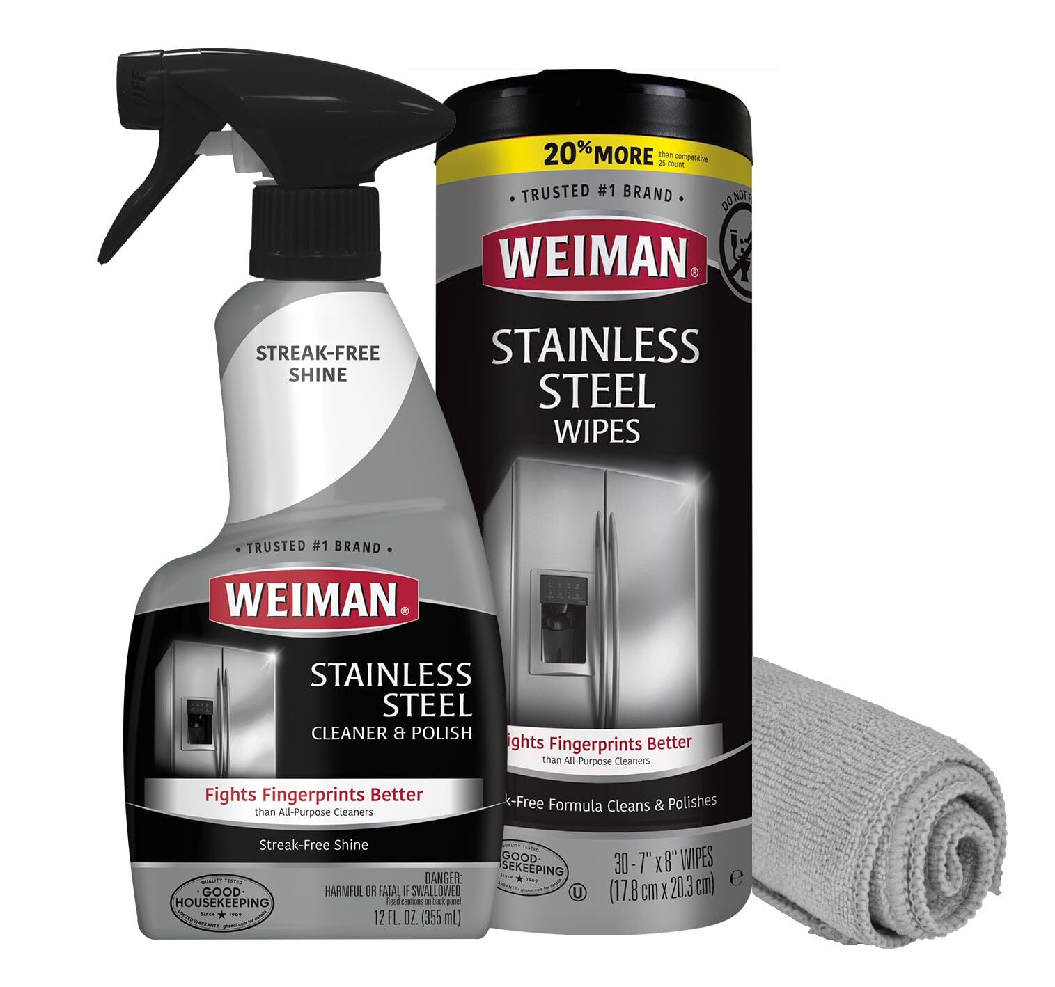 Weiman Stainless Steel Cleaner 3 Piece Set Wipes Microfiber Cloth Spray