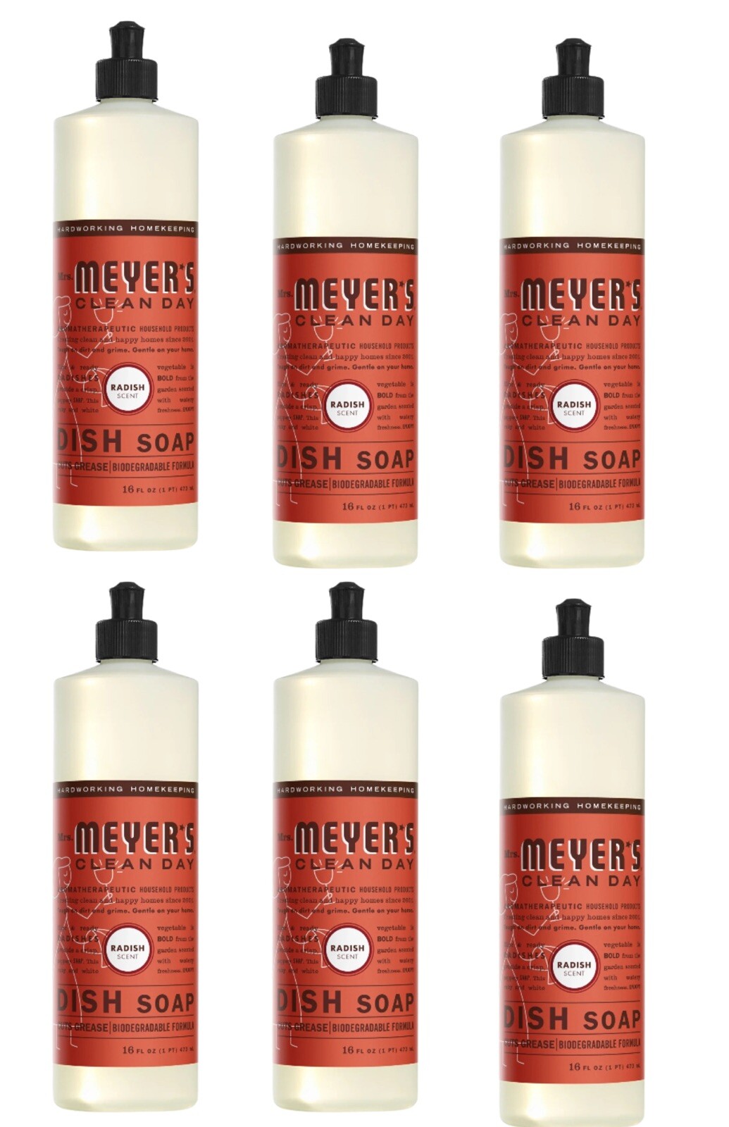 Lot Of 6 Mrs. Meyer’s Clean Day Dish Soap, Radish Scent, 16 Oz Bottle