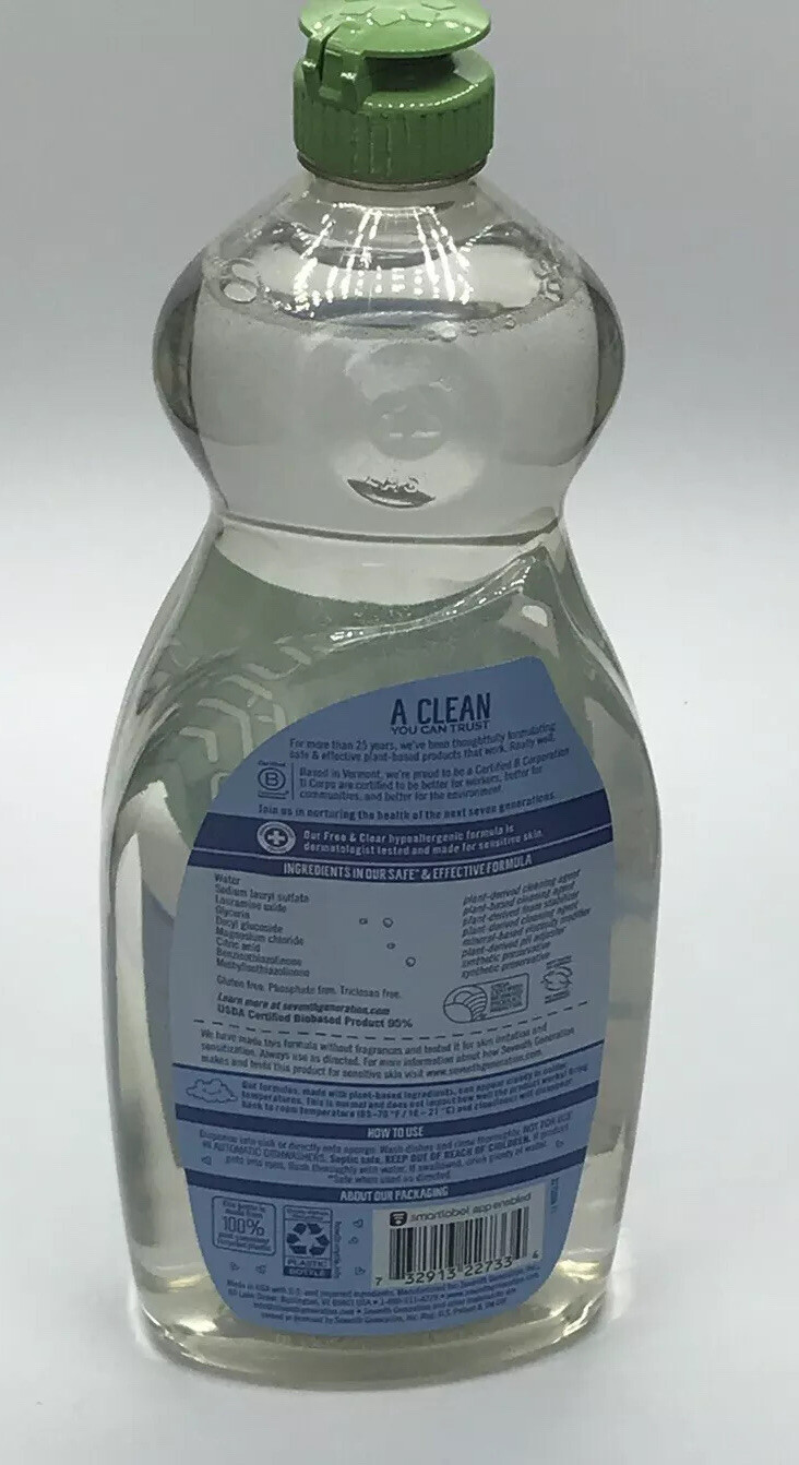 Seventh Generation Free And Clear Dish Liquid Soap. 25 Fl Oz . New
