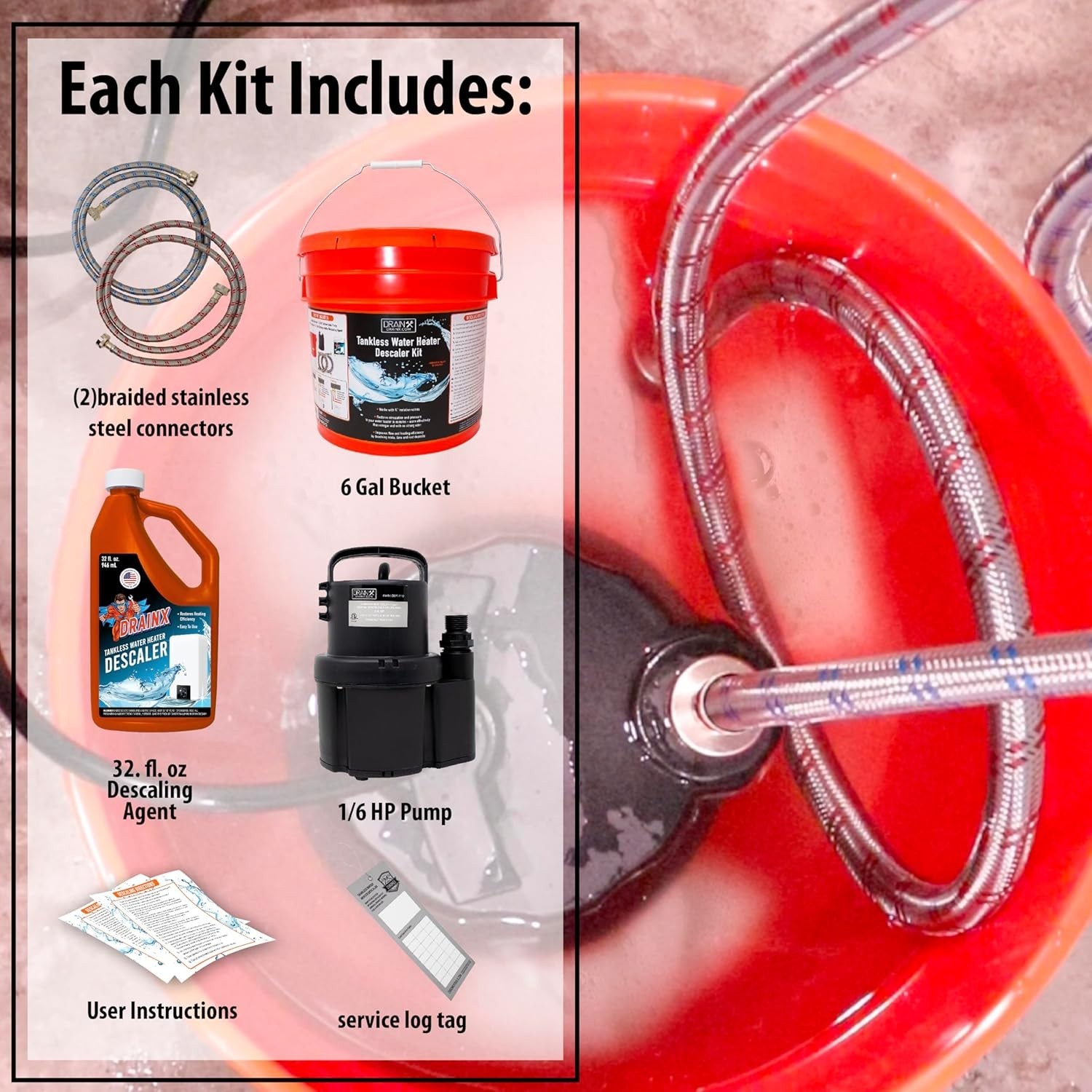 Tankless Water Heater Flushing Kit, Eco-safe Liquid Descaler and 1/6HP Pump