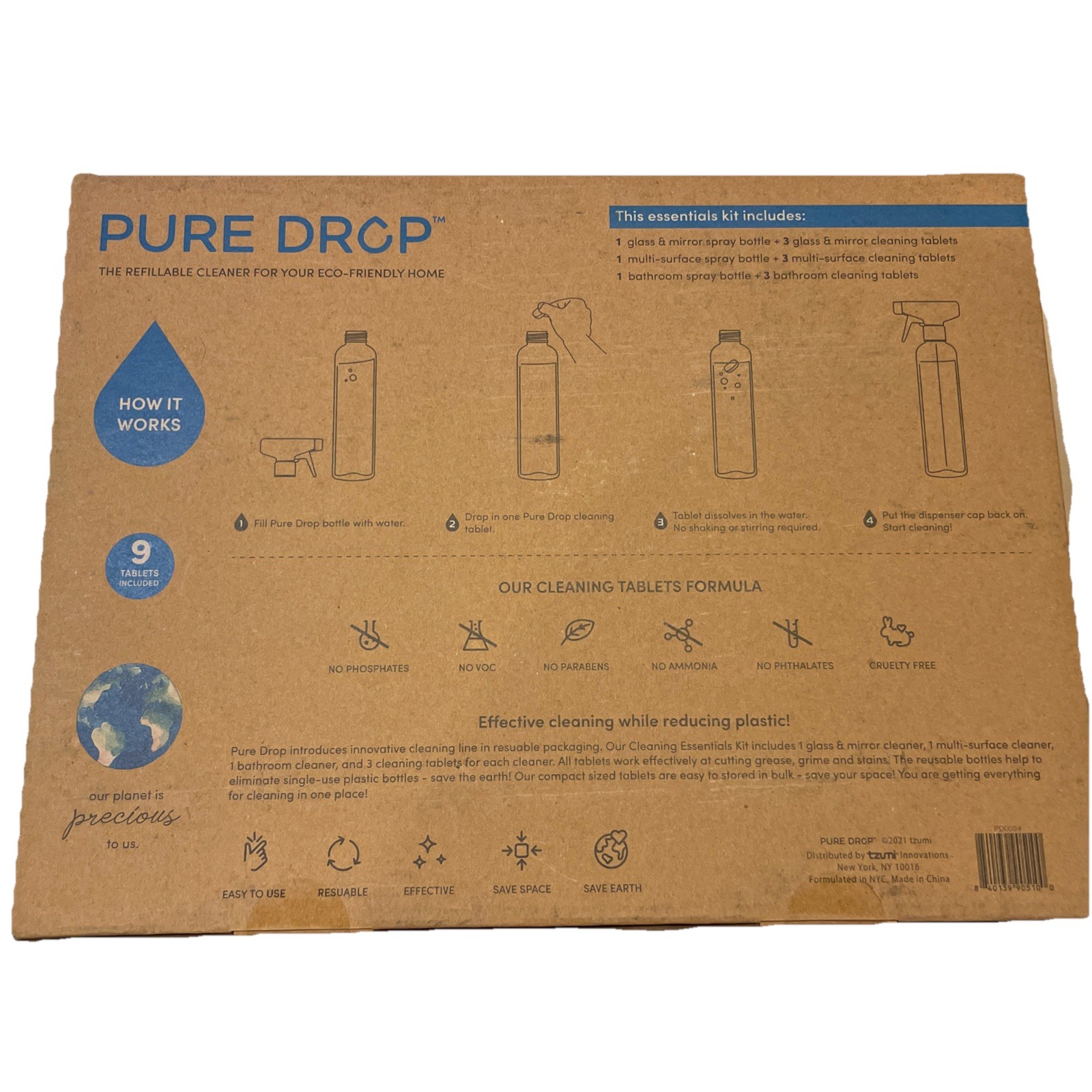PURE DROP 3 Pack EcoFriendly 26oz Plastic Spray Bottles + 9 Cleaning Tablets NIP