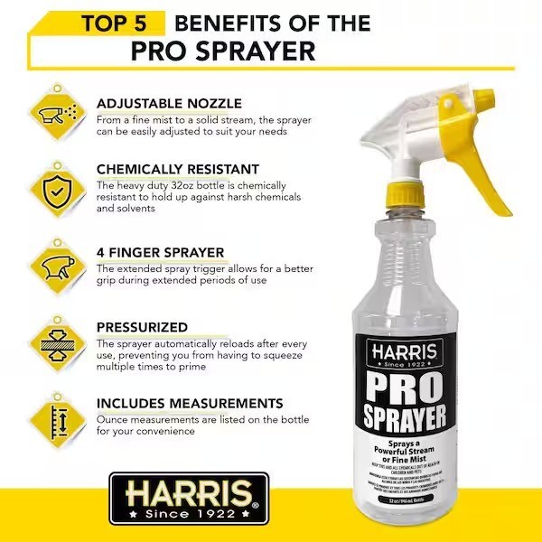 Harris Chemical Resistant Pro Spray Bottle With Adjustable Tip (32 oz ) 4 Pack