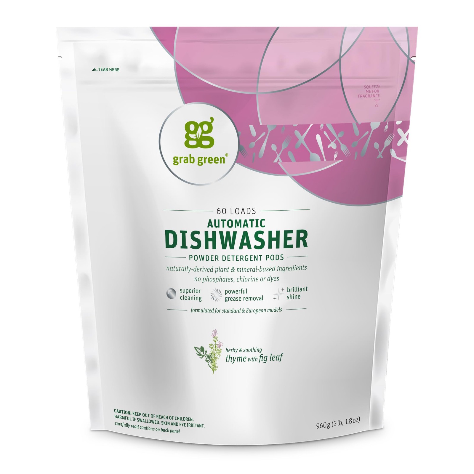 Grab Green Natural Dishwasher Pods 60 Count Thyme with Fig Leaf Non Toxic Clean