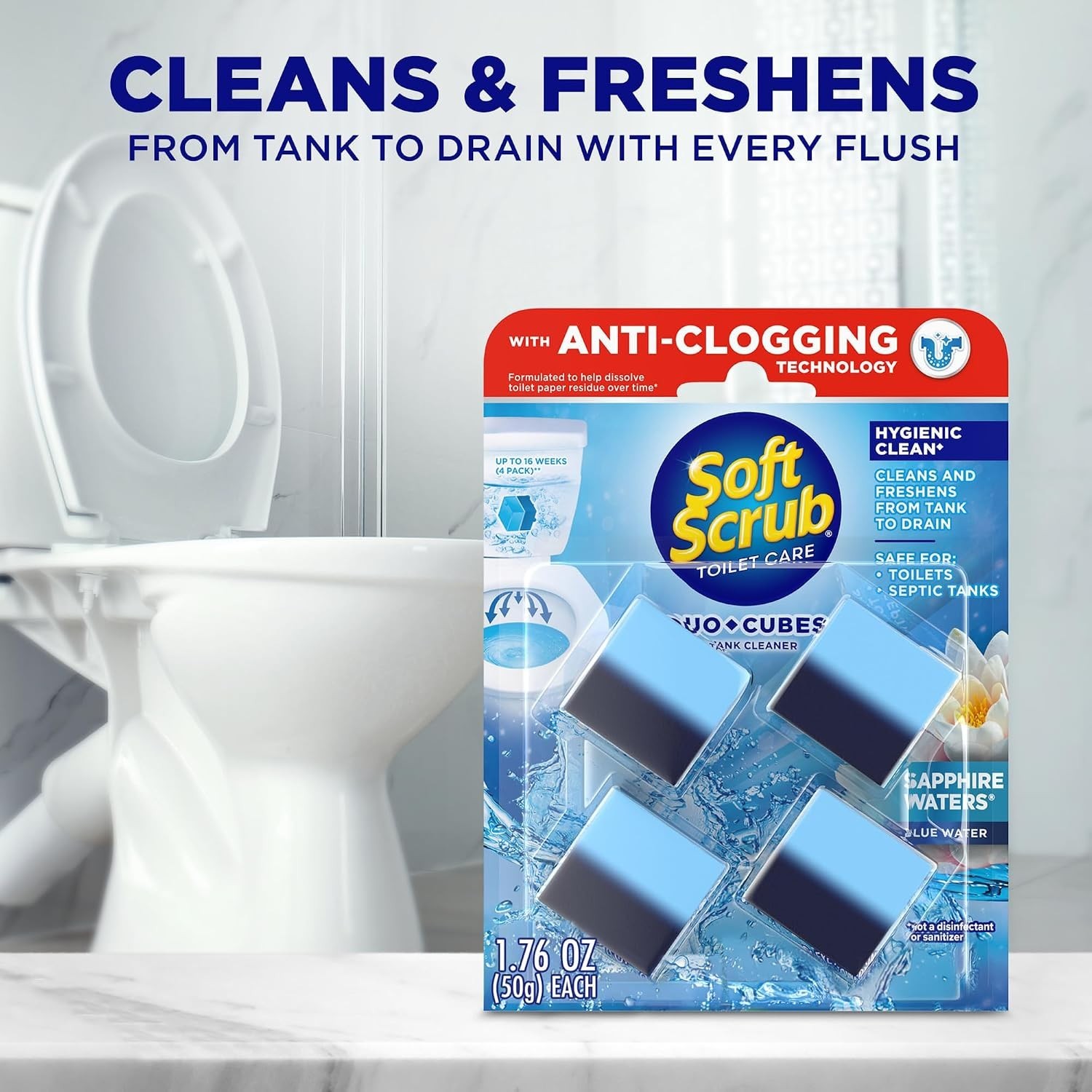 Automatic Toilet Cleaner Duo-Cubes, Sapphire Waters – Lasts 16 Weeks – 4 Count