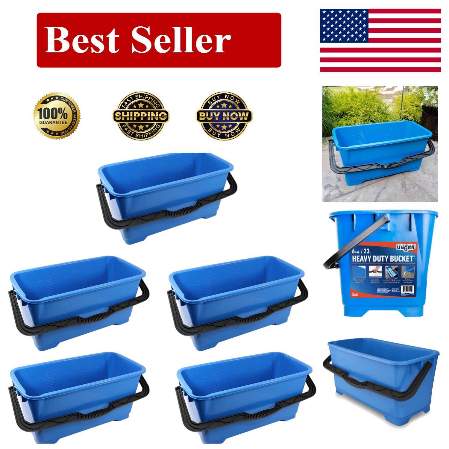 Portable 6 Gallon Mop Bucket 5-Pack with 2 Pour Spouts and Ergonomic Handle