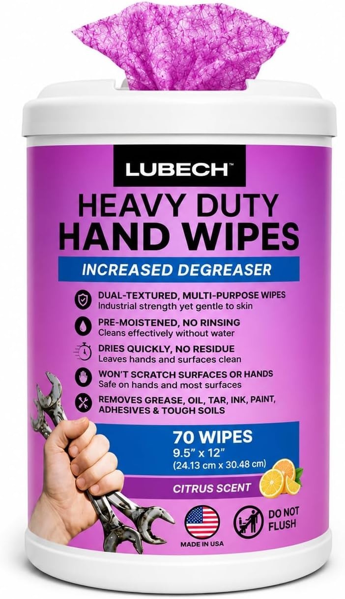 LUBECH Heavy Duty Hand Wipes, 6-Pack + Free Jumbo Accordion Windshield Sunshade.