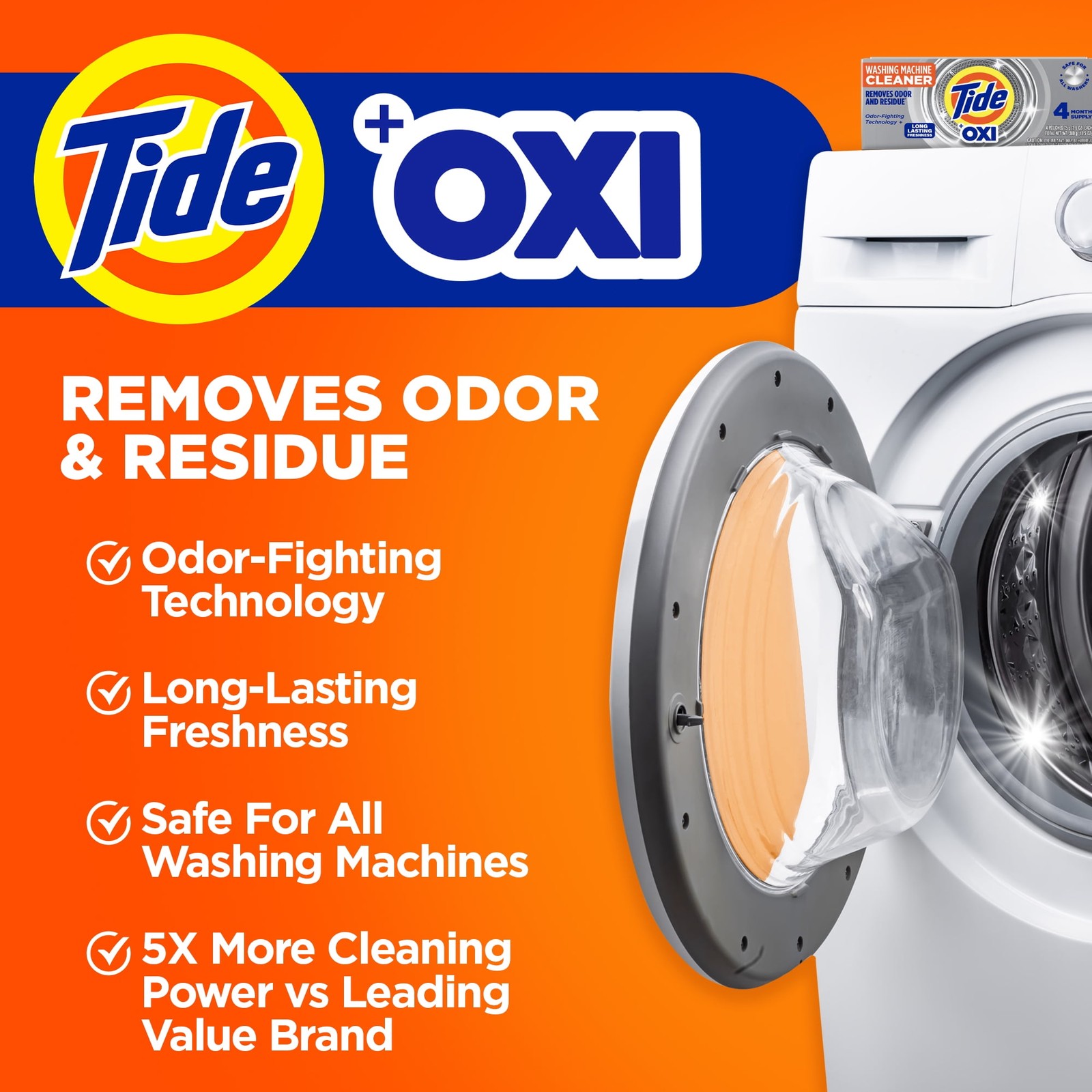 Tide Washing Machine Cleaner with Oxi Powder, Odor Eliminator 4 Count