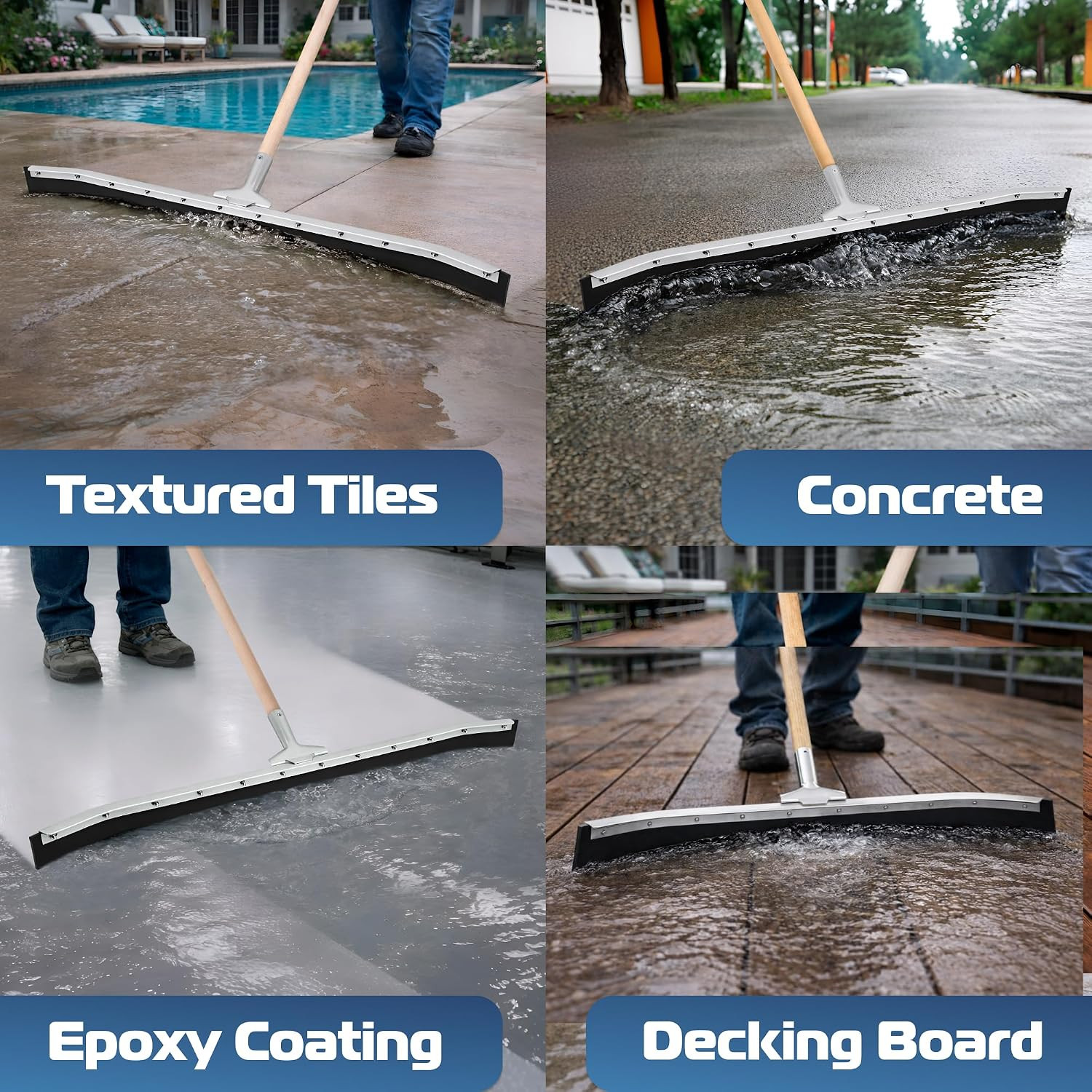 36” Curved Floor Squeegee with Rubber Blade for Tiles, Concrete, Asphalt