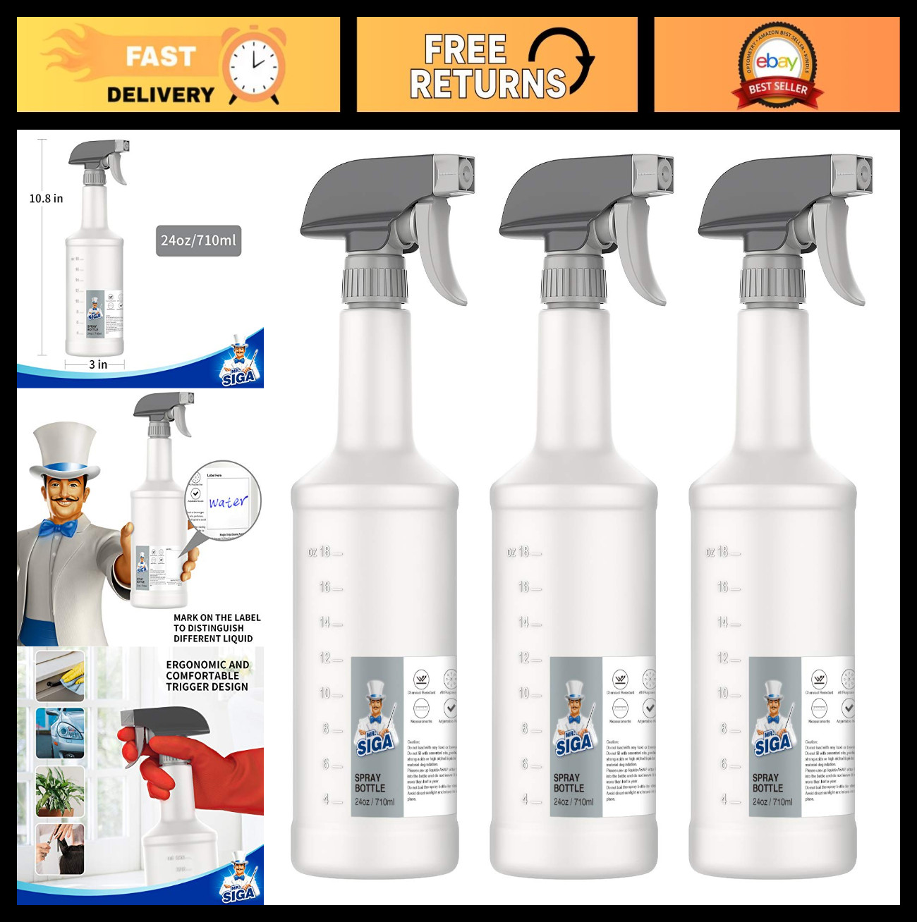 24 oz Heavy Duty Plastic Spray Bottles – Reusable, Leak Proof, Adjustable Nozzle