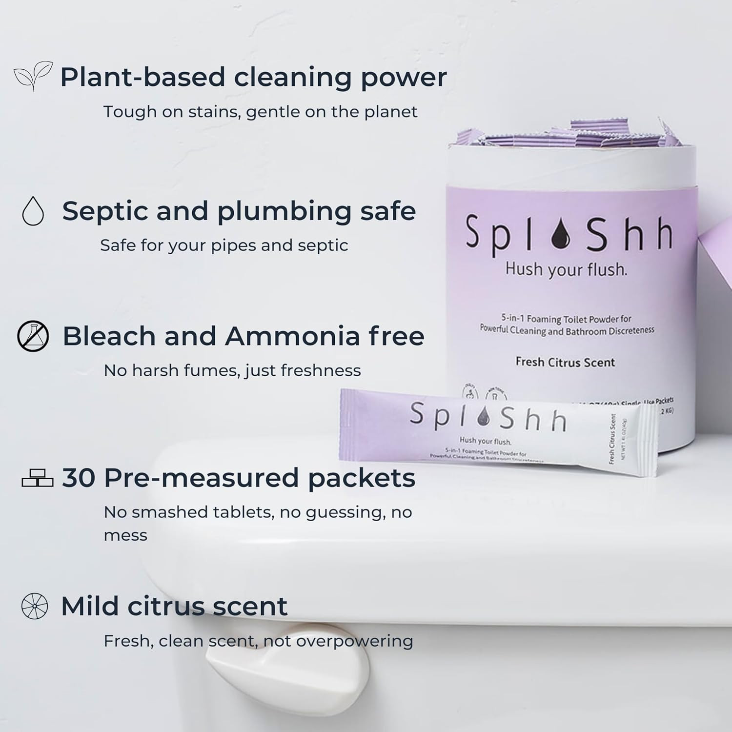 Splashh 5 in 1 Foaming Toilet Bowl Cleaner, 30 Powder Packets, Fresh Citrus Scen