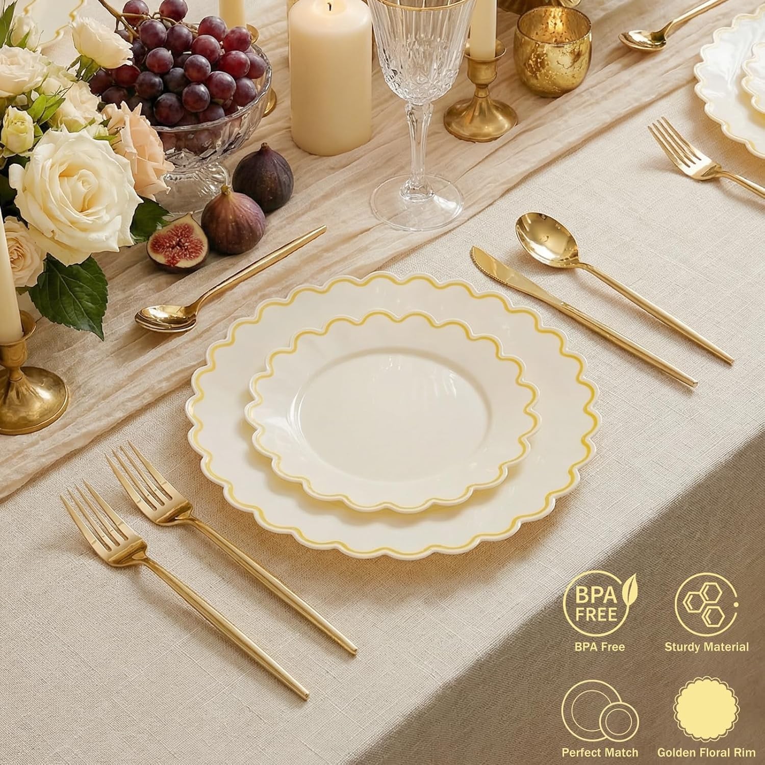 LIYH 100 Pcs Ivory and Gold Scalloped Plastic Plates – Ivory Plastic Plates In