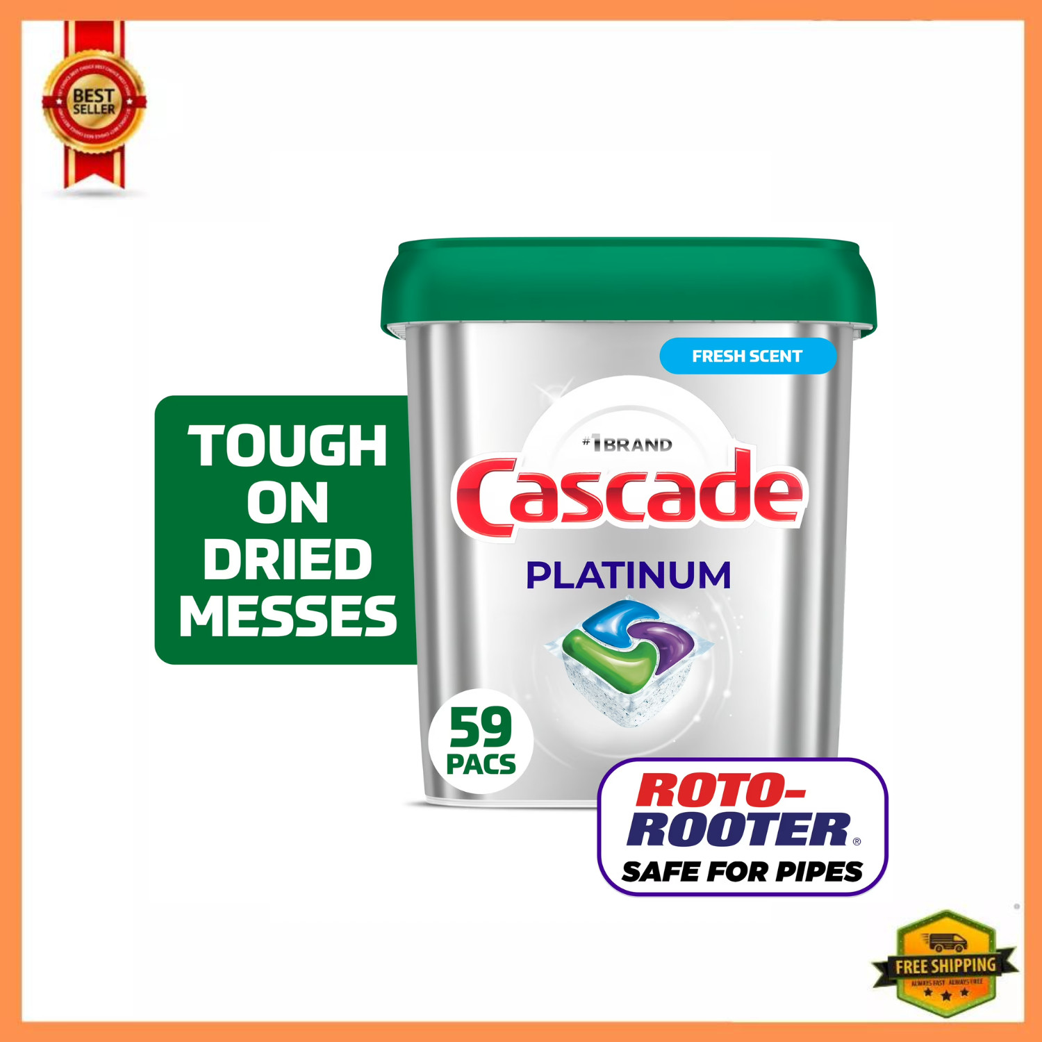 Cascade Platinum Dishwasher Pods, Dishwasher Detergent Soap Tabs, Fresh, 59 Ct