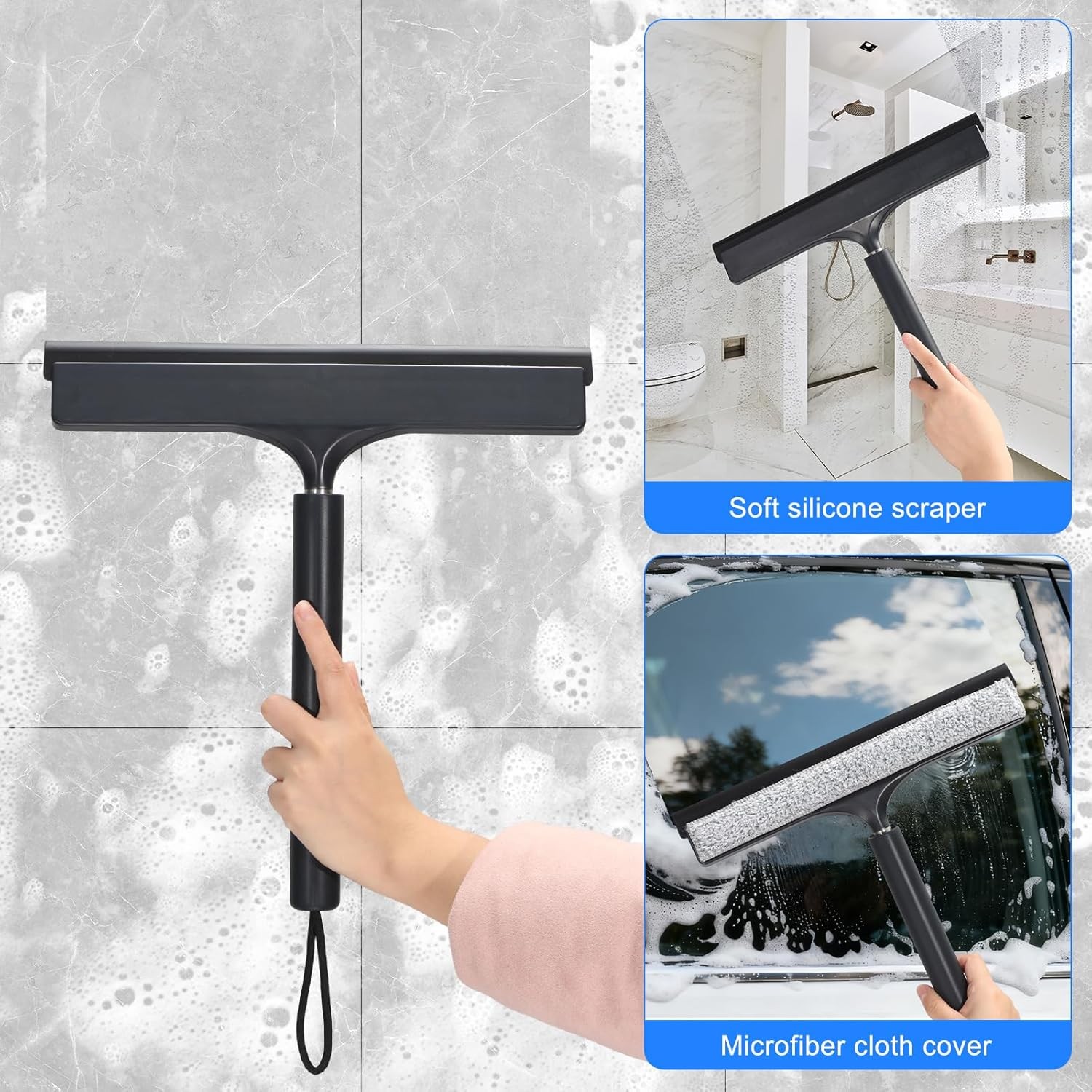 Shower Squeegee with Long Handle,Includes Replaceable and Washable Cloth Pads