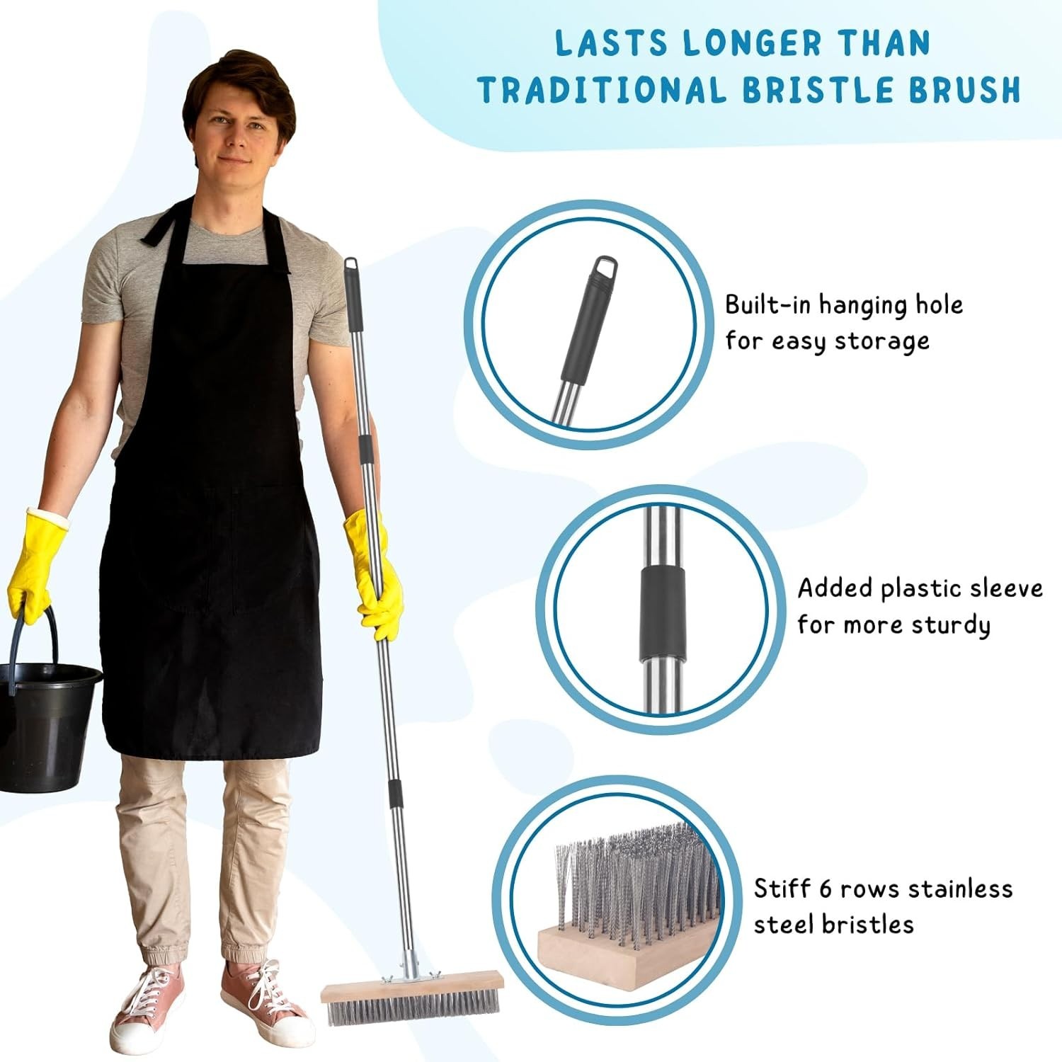 Stainless Steel Wire Scrub Brush with Long Handle for Deck, Concrete, Pati