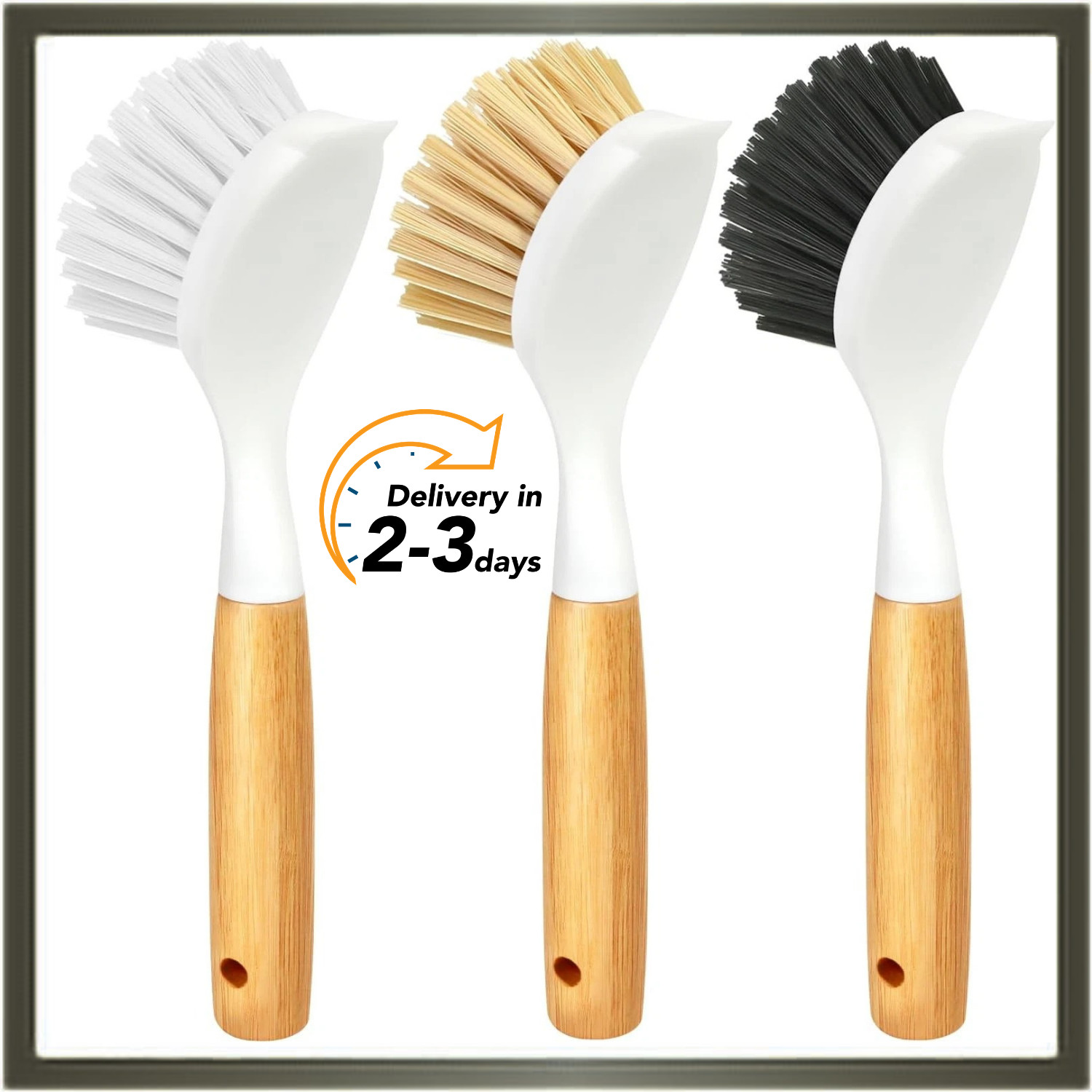 3 Pack Dish Brush Set with Bamboo Handle, Kitchen Brushes for Cleaning Pot, Sink