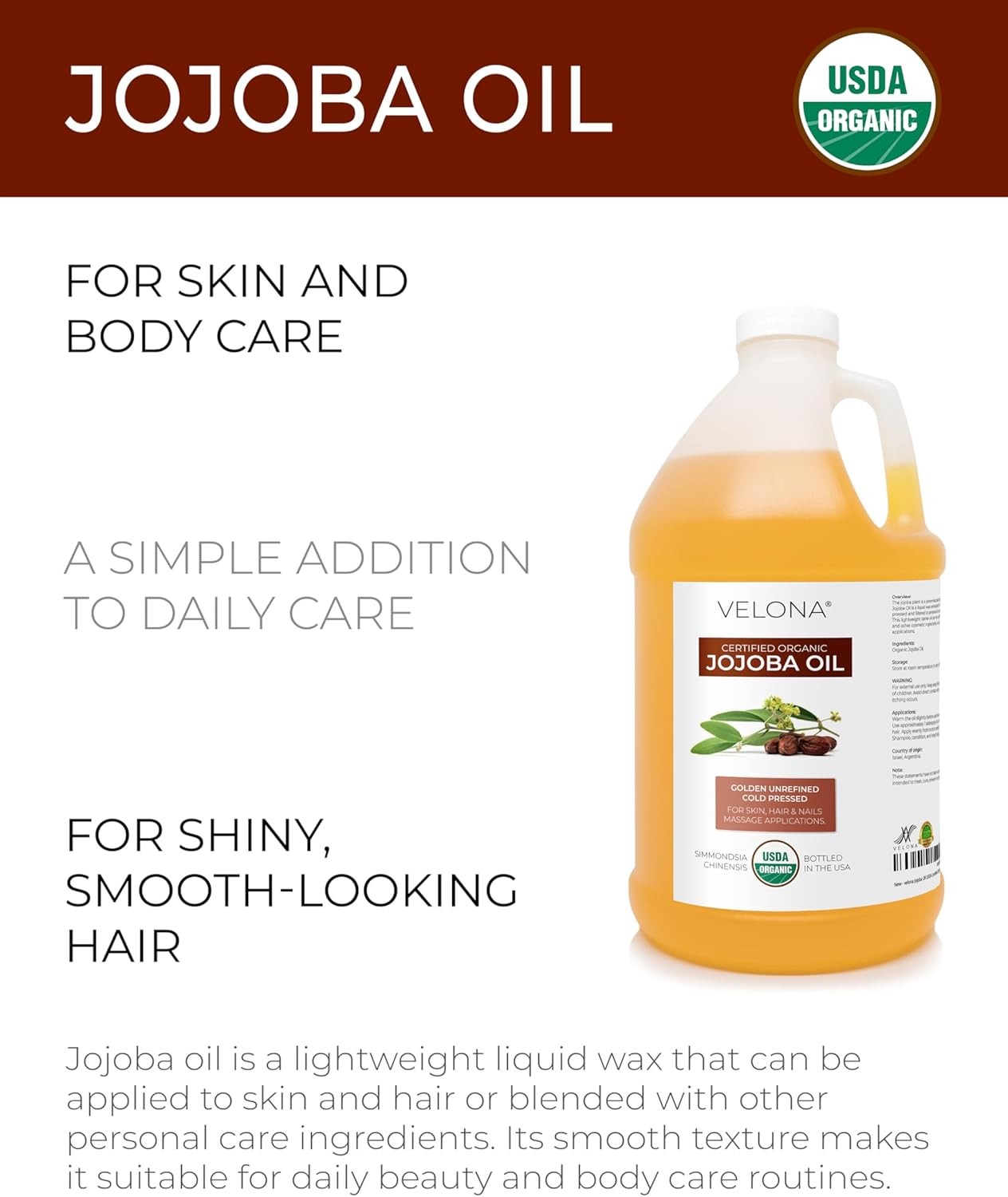 velona Jojoba Oil USDA Certified Organic – 64 Fl Oz | 100% Pure and Natural Ca